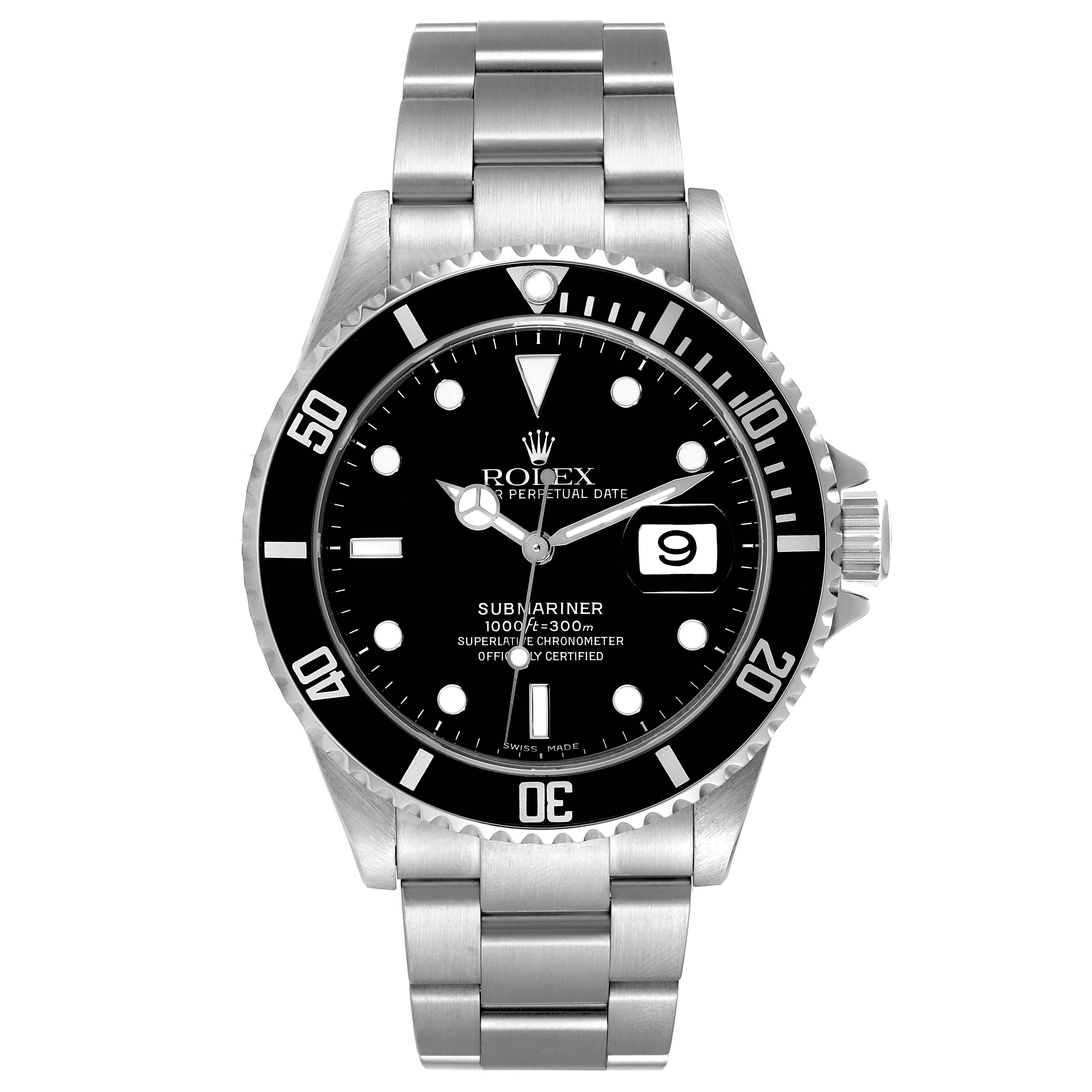 The image shows a front view of a Rolex Submariner 16610 Men's Stainless Steel Black Dial 16610 Men's Stainless Steel Black Dial watch, highlighting its dial, bezel, and metal bracelet.
