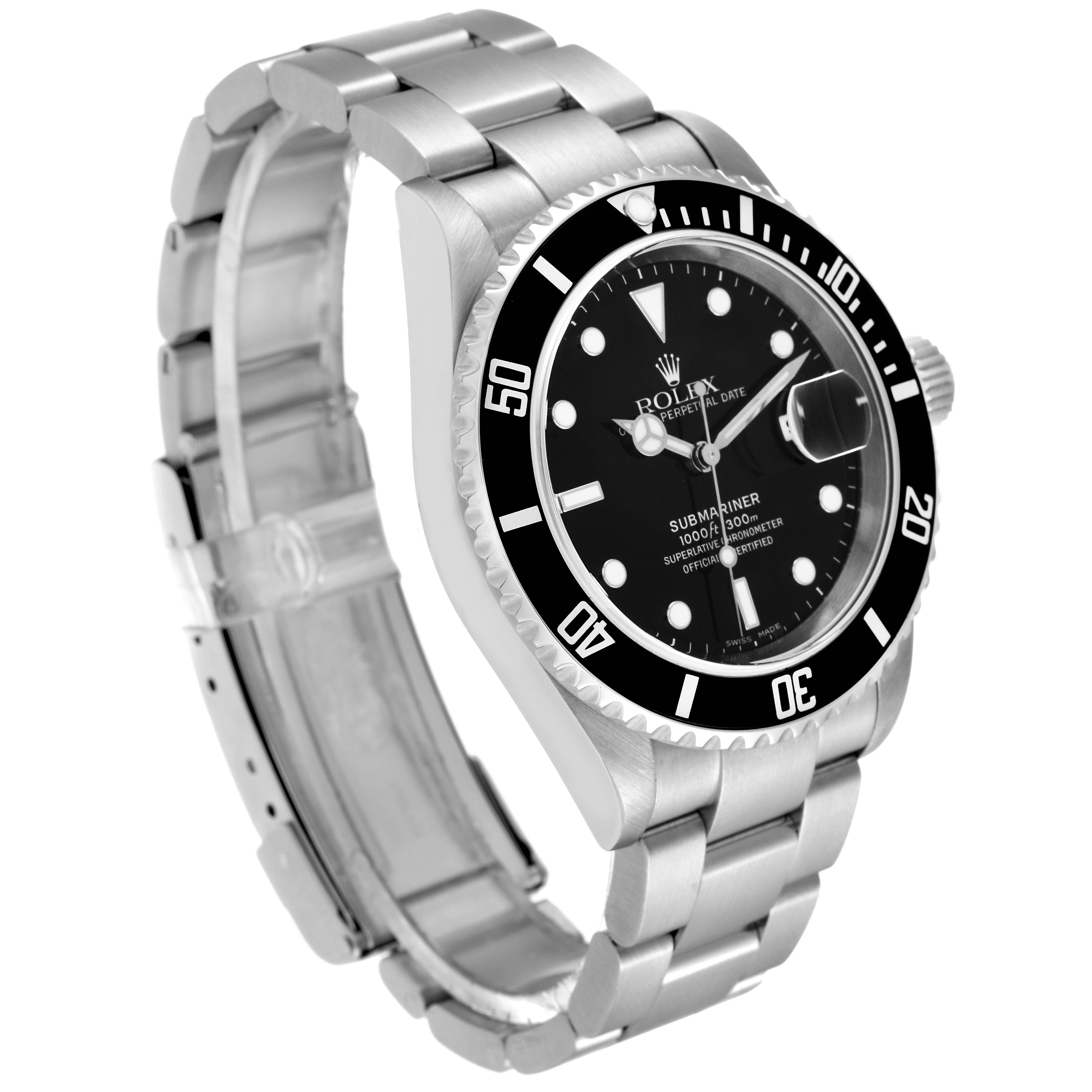 The Rolex Submariner 16610 Men's Stainless Steel Black Dial 16610 Men's Stainless Steel Black Dial watch is shown at an angle displaying the face, bezel, crown, and metal bracelet.