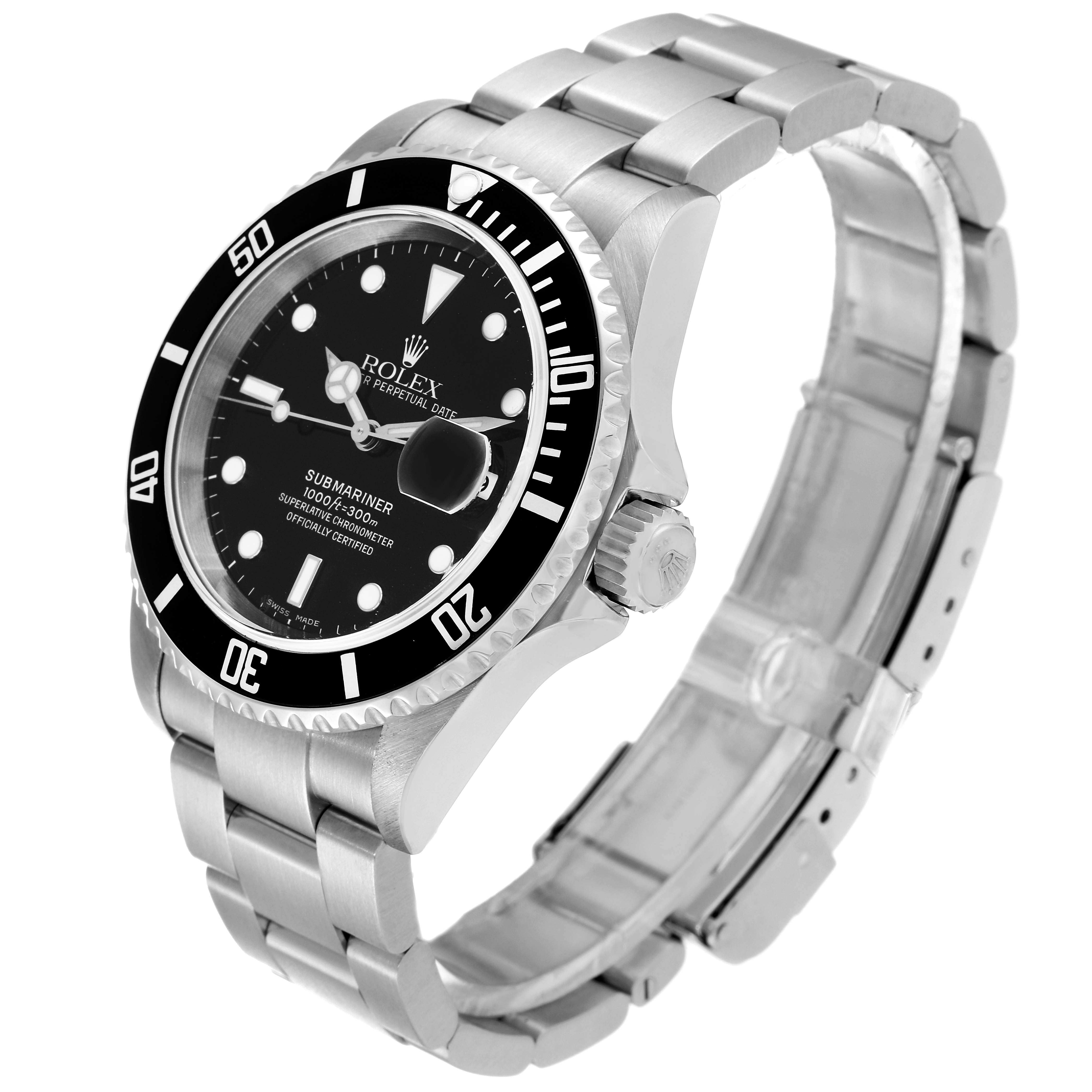 This Rolex Submariner 16610 Men's Stainless Steel Black Dial 16610 Men's Stainless Steel Black Dial watch is shown at a three-quarter angle, highlighting its black dial, bezel, and stainless steel bracelet.