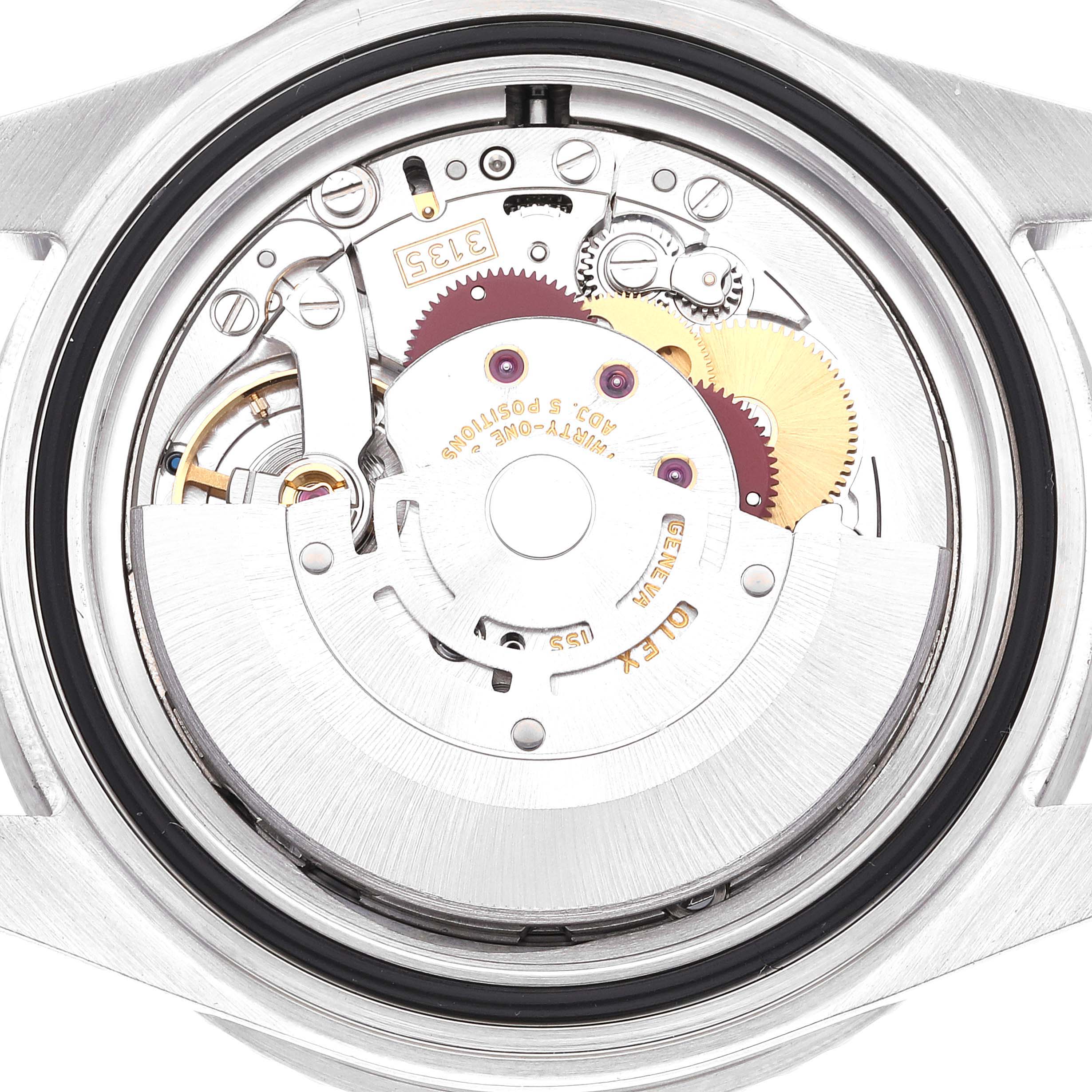 The image shows the internal mechanical movement of a Rolex Submariner 16610 Men's Stainless Steel Black Dial 16610 Men's Stainless Steel Black Dial watch from a back angle with the case removed.