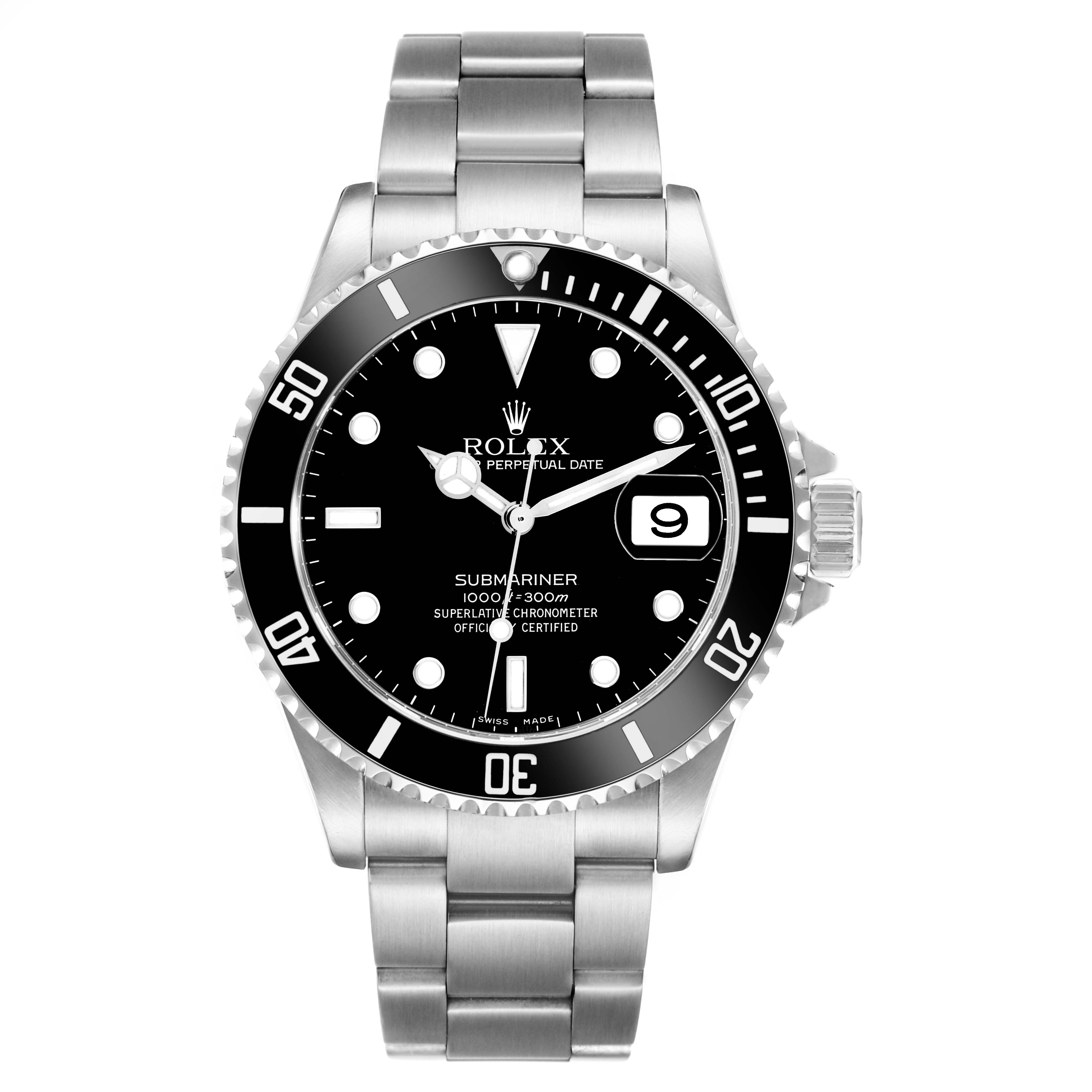 The Rolex Submariner 16610 Men
s Stainless Steel Black Dial 16610 Men
s Stainless Steel Black Dial watch is shown from a front angle, displaying the dial, bezel, bracelet, and date window.