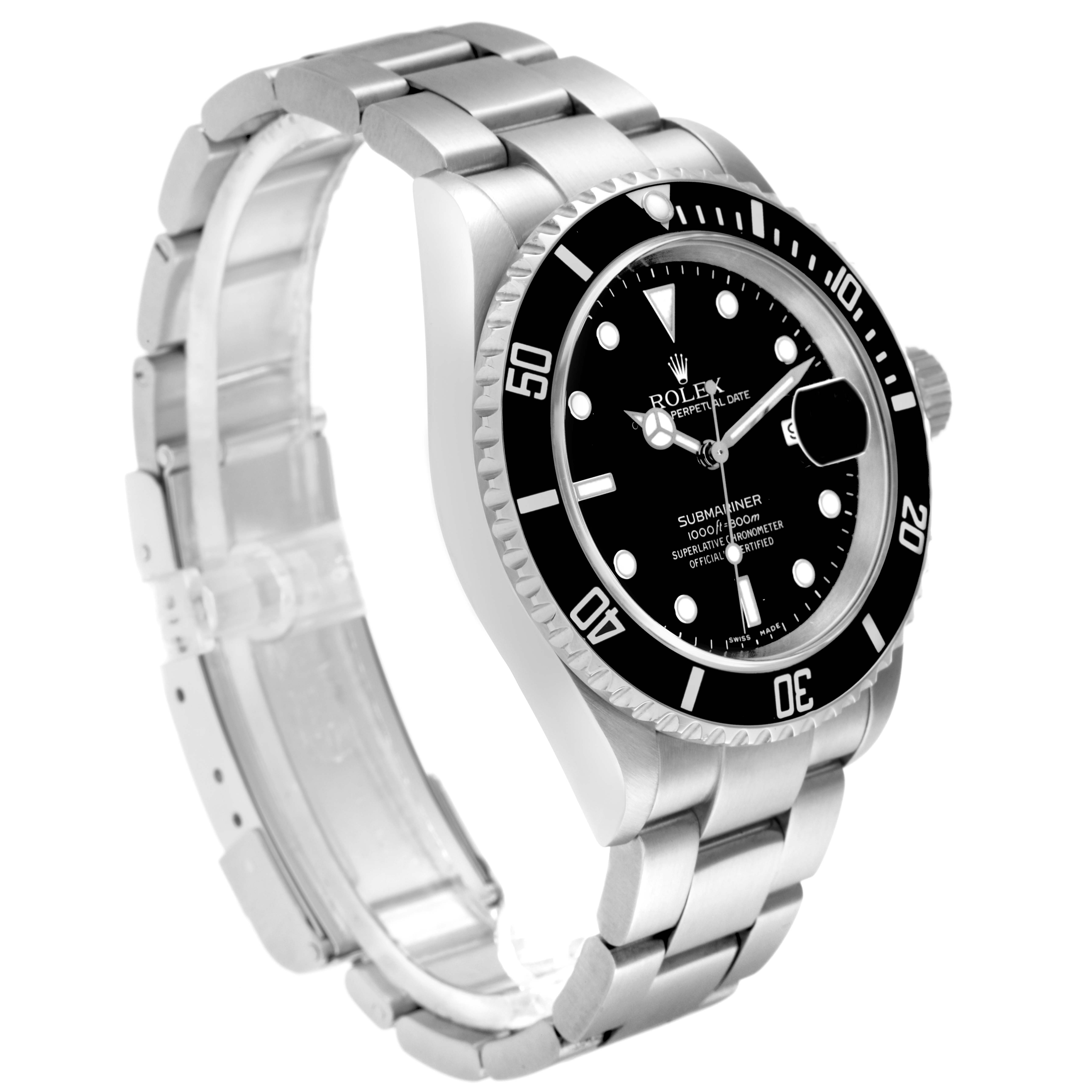 The Rolex Submariner 16610 Men
s Stainless Steel Black Dial 16610 Men
s Stainless Steel Black Dial is shown at a slight angle, displaying the face, bezel, crown, and stainless steel bracelet.