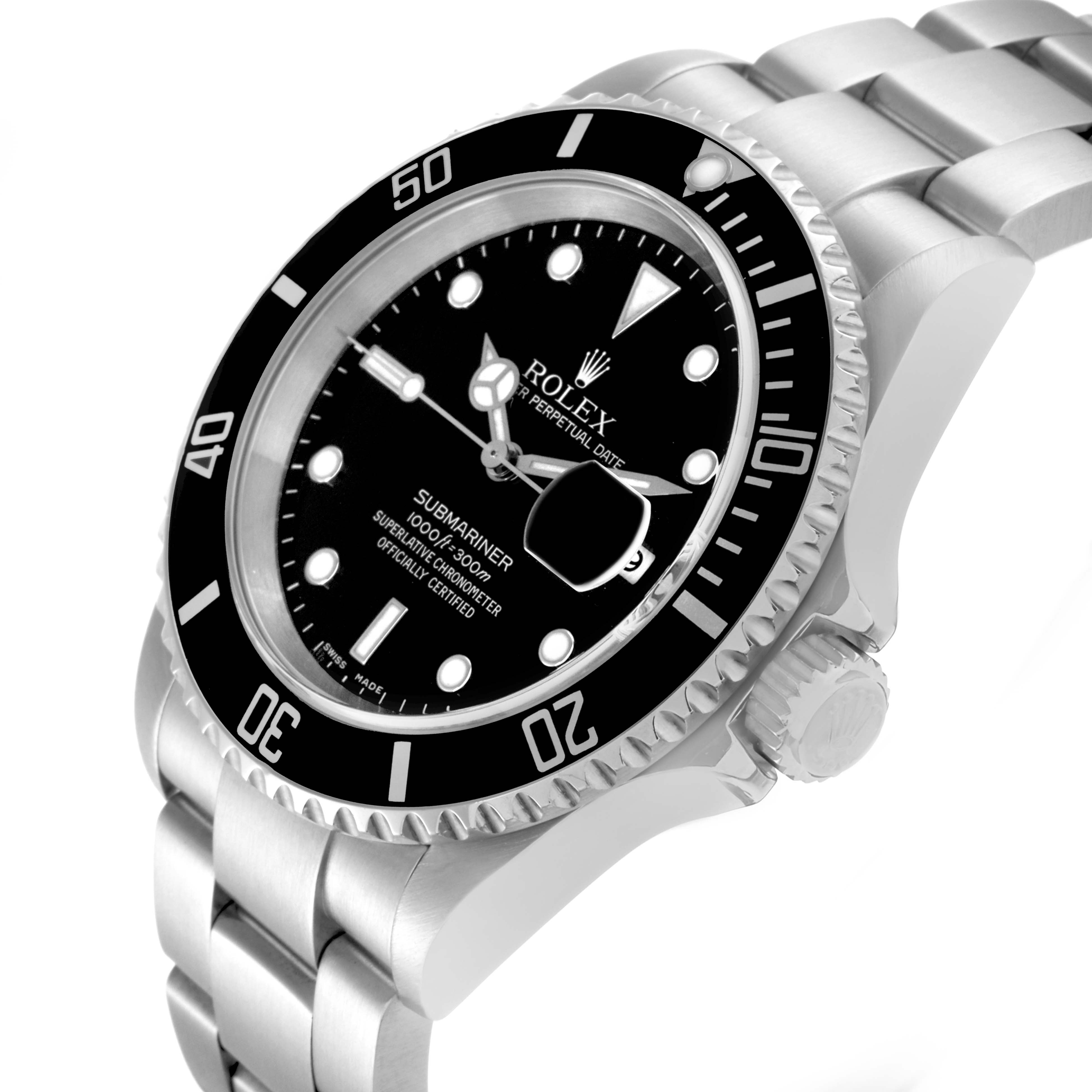 The Rolex Submariner 16610 Men
s Stainless Steel Black Dial 16610 Men
s Stainless Steel Black Dial watch is shown at an angled side view featuring the case, bezel, dial, crown, and bracelet.