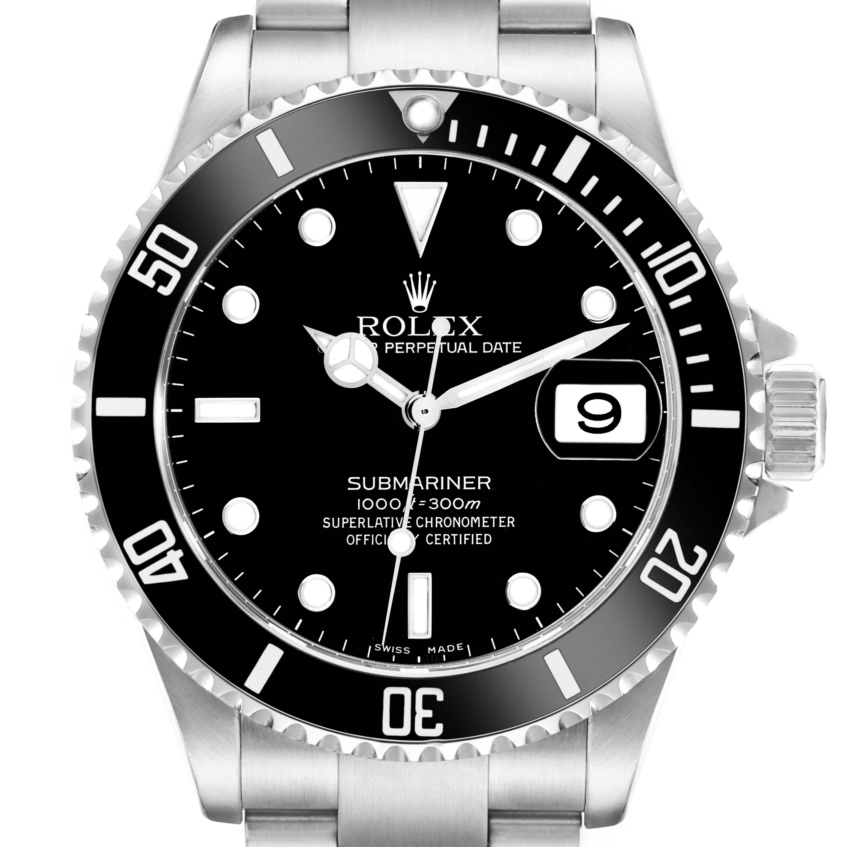 The Rolex Submariner 16610 Men
s Stainless Steel Black Dial 16610 Men
s Stainless Steel Black Dial is shown from the front, displaying the dial, bezel, bracelet, and crown.
