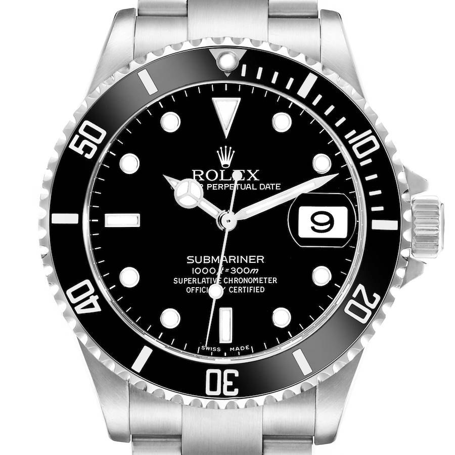 The Rolex Submariner is shown from the front, displaying the dial, bezel, bracelet, and crown.