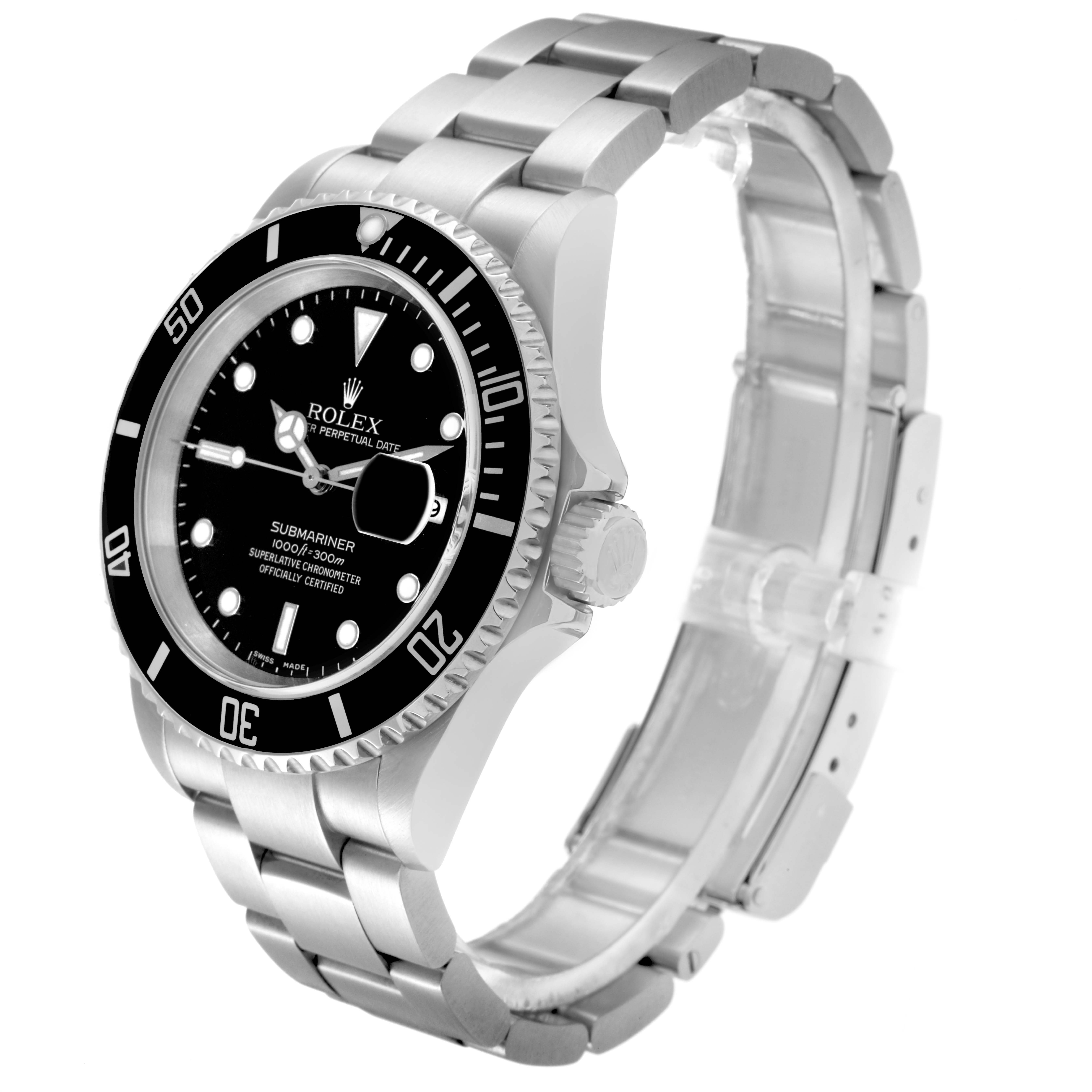 The Rolex Submariner 16610 Men
s Stainless Steel Black Dial 16610 Men
s Stainless Steel Black Dial is shown at a side angle, displaying the face, bezel, crown, and metal bracelet.