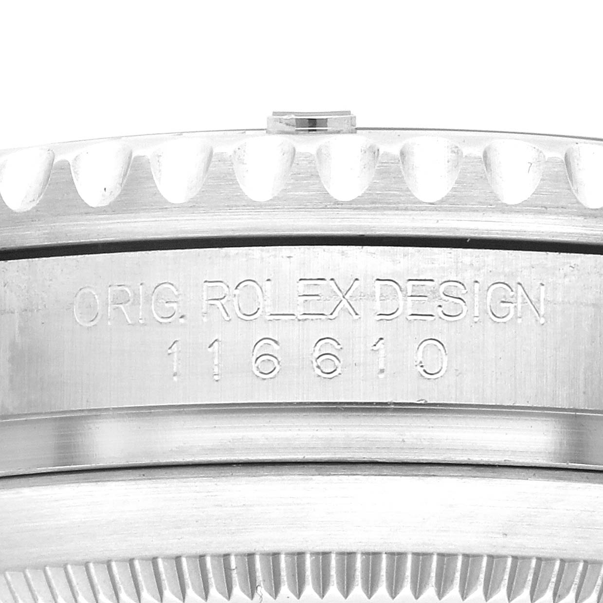 The image shows a close-up side view of the Rolex Submariner 116610LV Men
s Stainless Steel Green Dial 116610LV Men
s Stainless Steel Green Dial
s engraved case edge with the model number 116610.