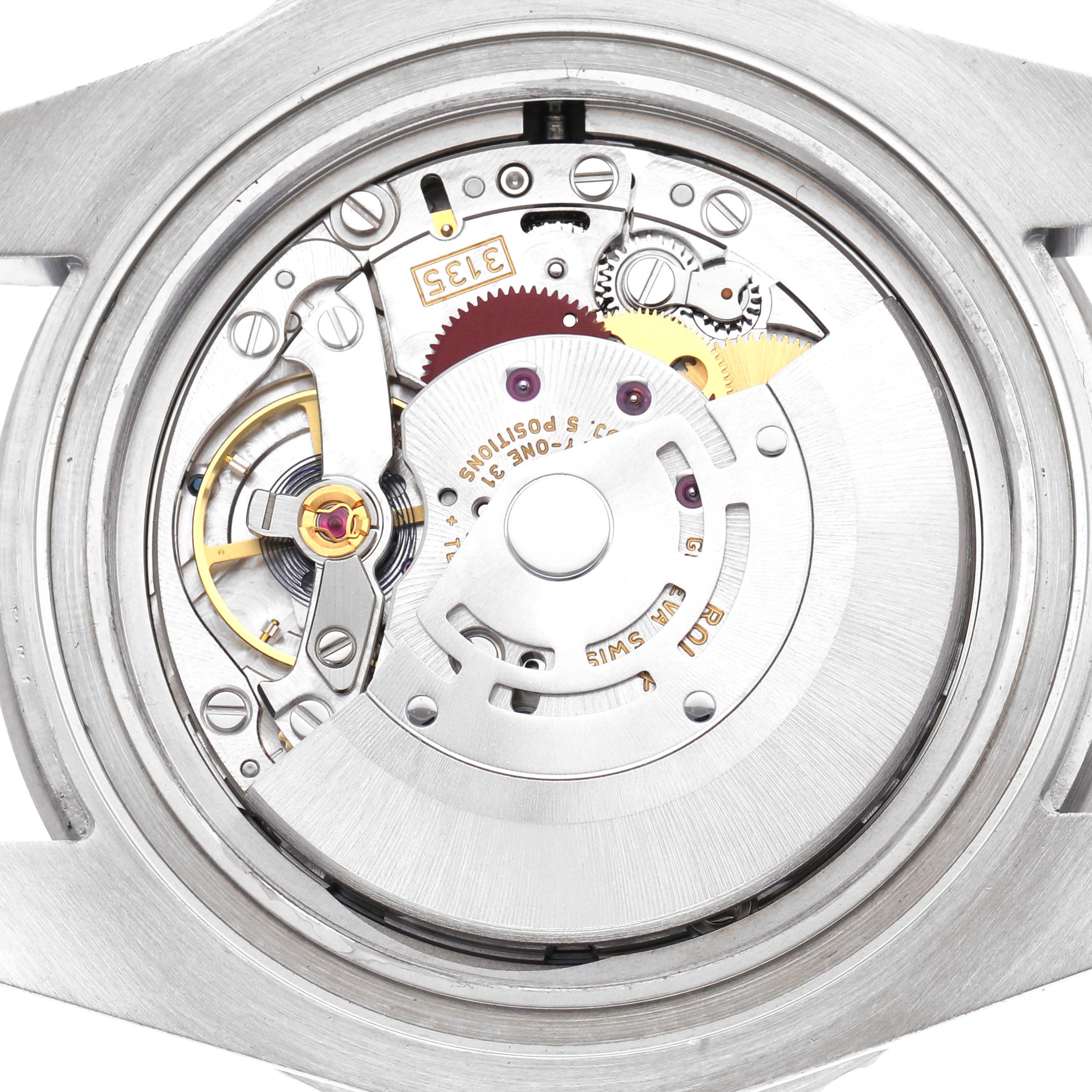 The image shows the internal mechanical components of a Rolex Submariner 116610LV Men
s Stainless Steel Green Dial 116610LV Men
s Stainless Steel Green Dial watch from a top-down angle.