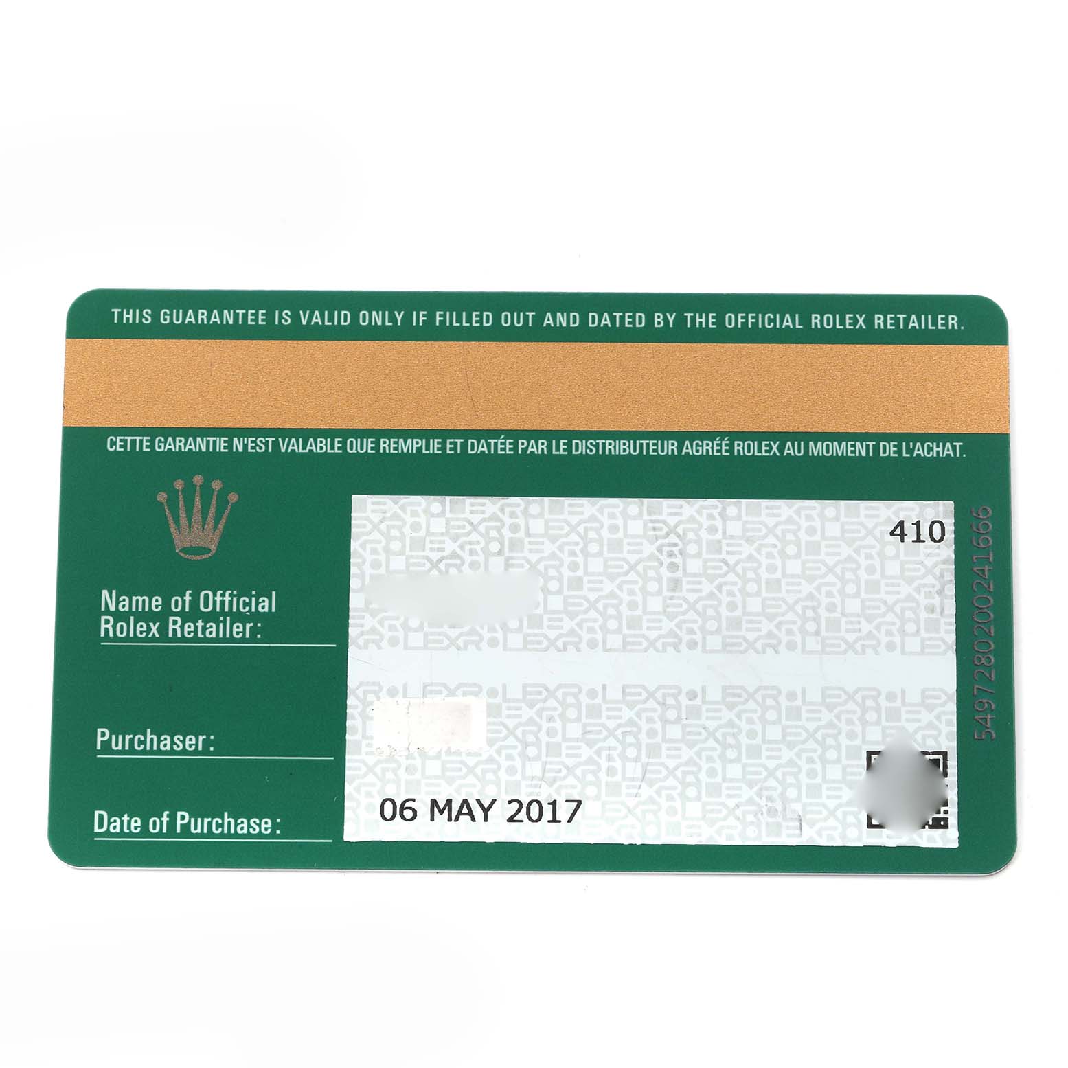 The image shows a warranty card for a Rolex Submariner 116610LV Men
s Stainless Steel Green Dial 116610LV Men
s Stainless Steel Green Dial, displaying purchase details and official retailer information.