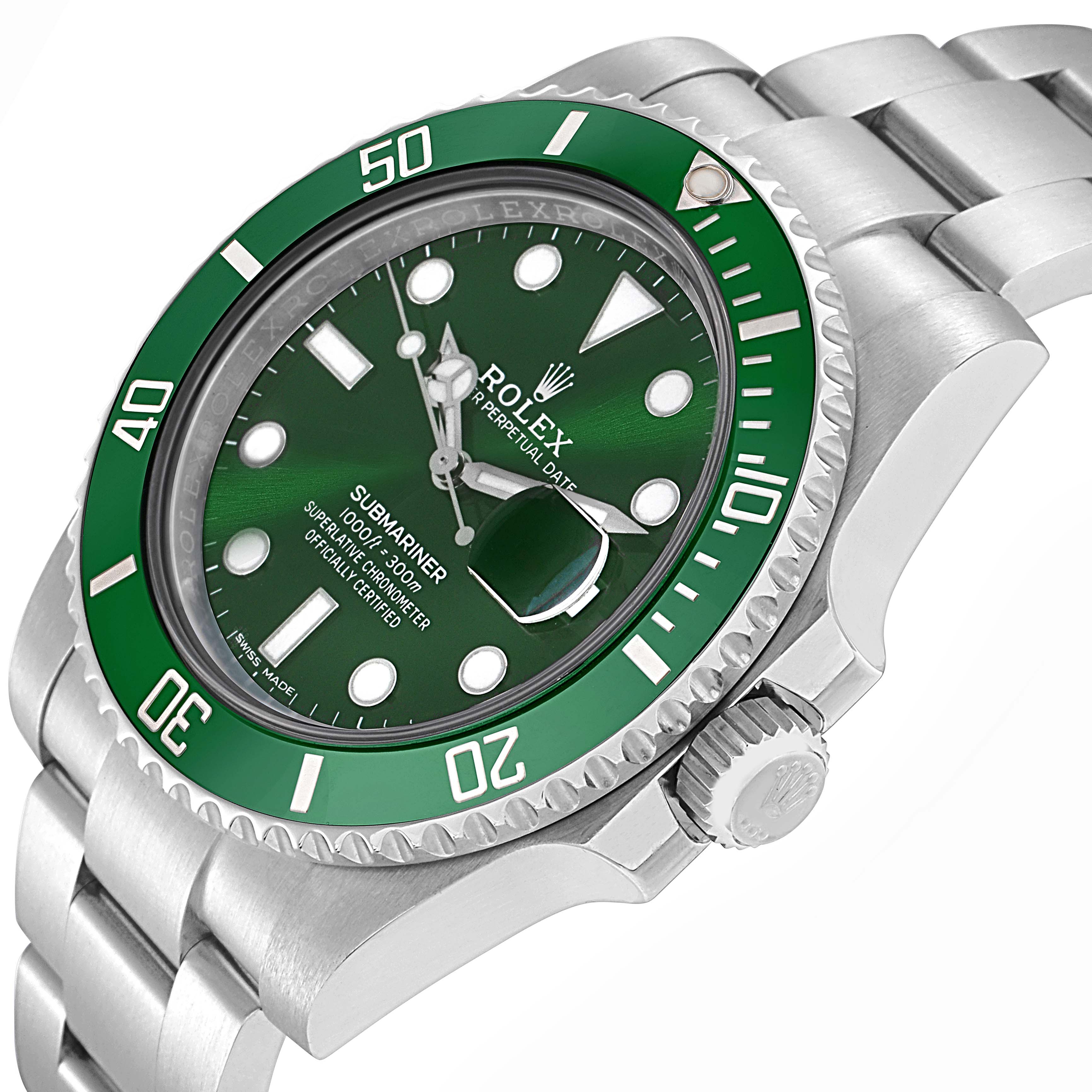 The Rolex Submariner 116610LV Men
s Stainless Steel Green Dial 116610LV Men
s Stainless Steel Green Dial watch is shown at an angle highlighting the face, bezel, crown, and part of the bracelet.