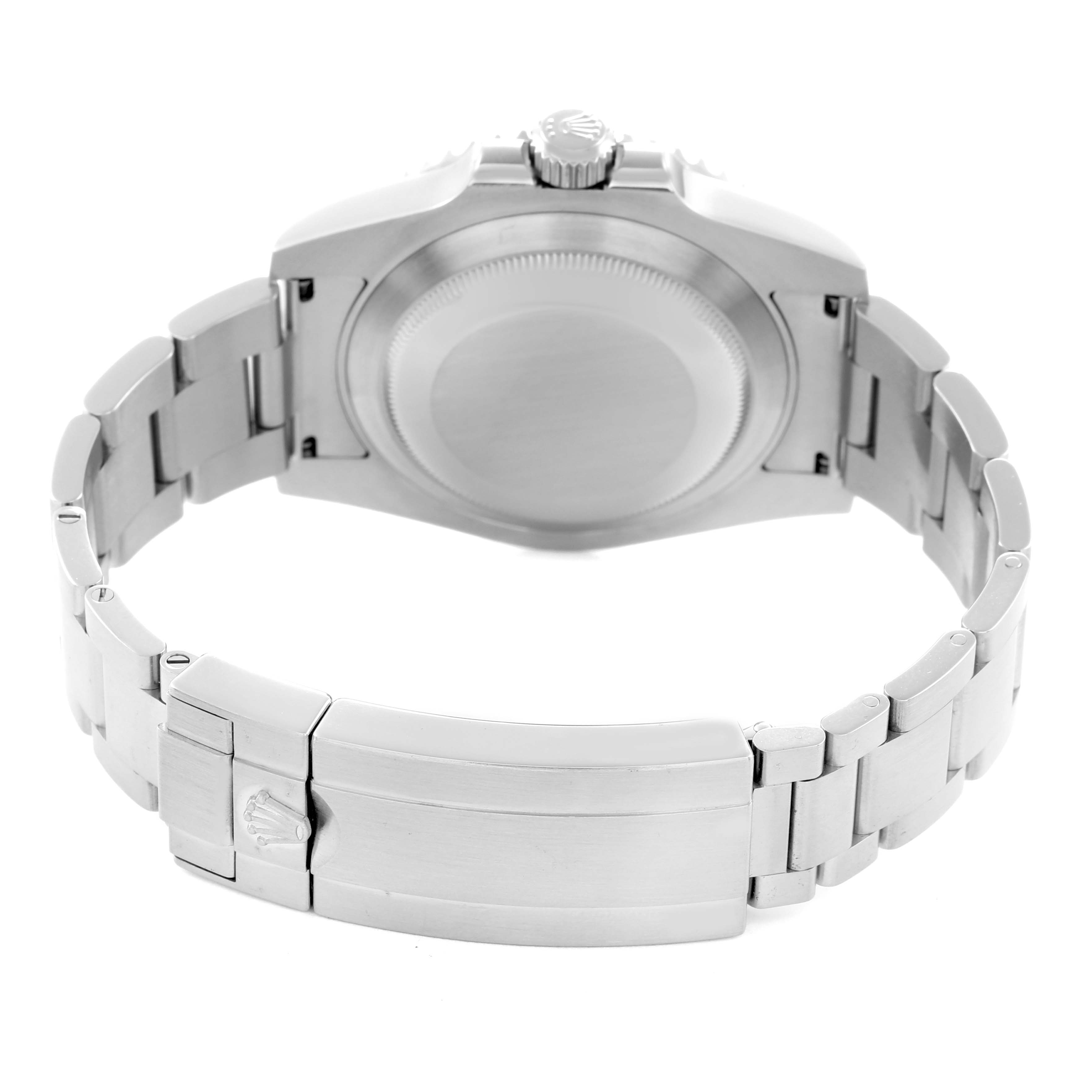 The image shows the back of the Rolex Submariner 116610LV Men
s Stainless Steel Green Dial 116610LV Men
s Stainless Steel Green Dial, highlighting the case back, bracelet, and clasp from a rear angle.