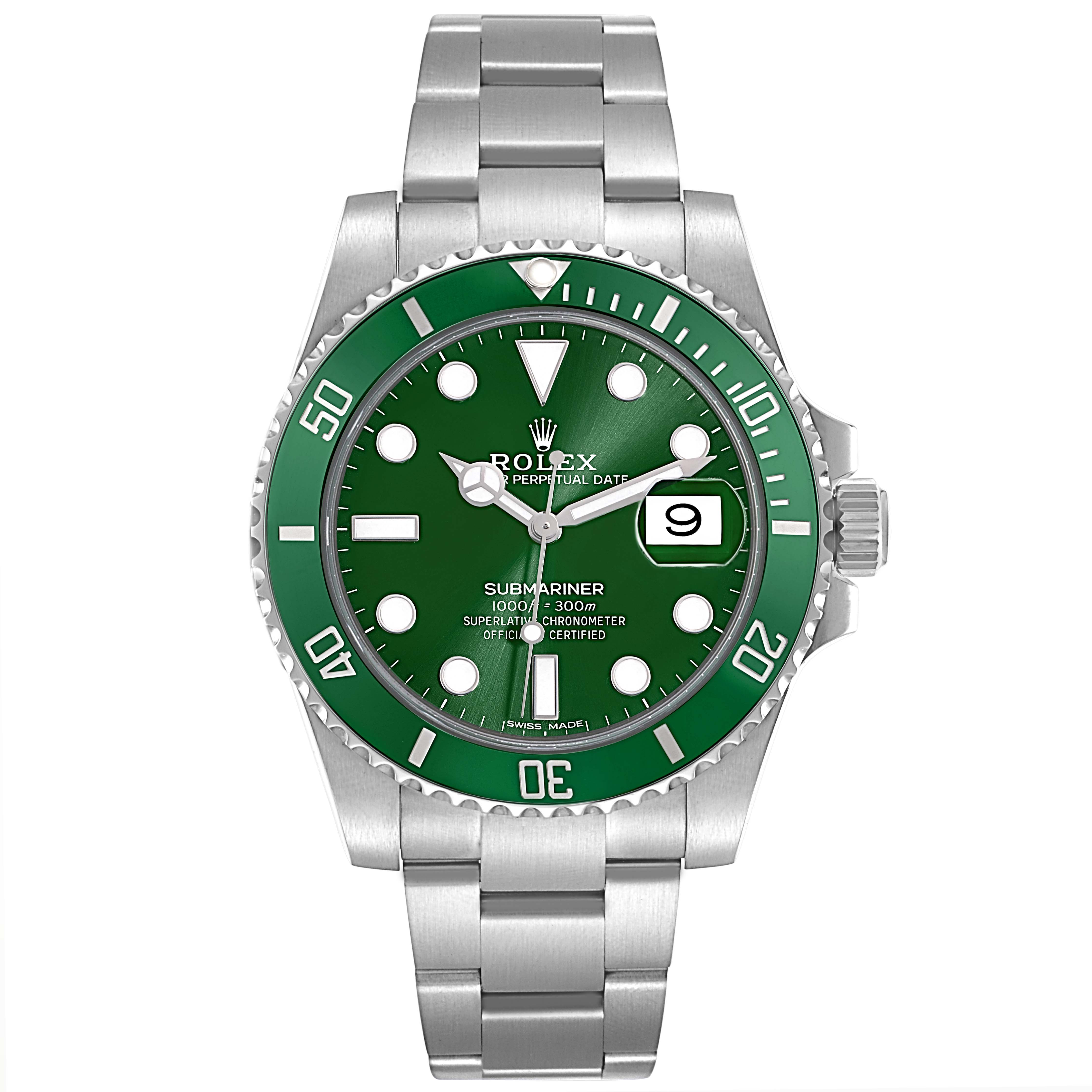 The Rolex Submariner 116610LV Men
s Stainless Steel Green Dial 116610LV Men
s Stainless Steel Green Dial watch is shown from a top-down angle, displaying its green dial, bezel, and silver bracelet.