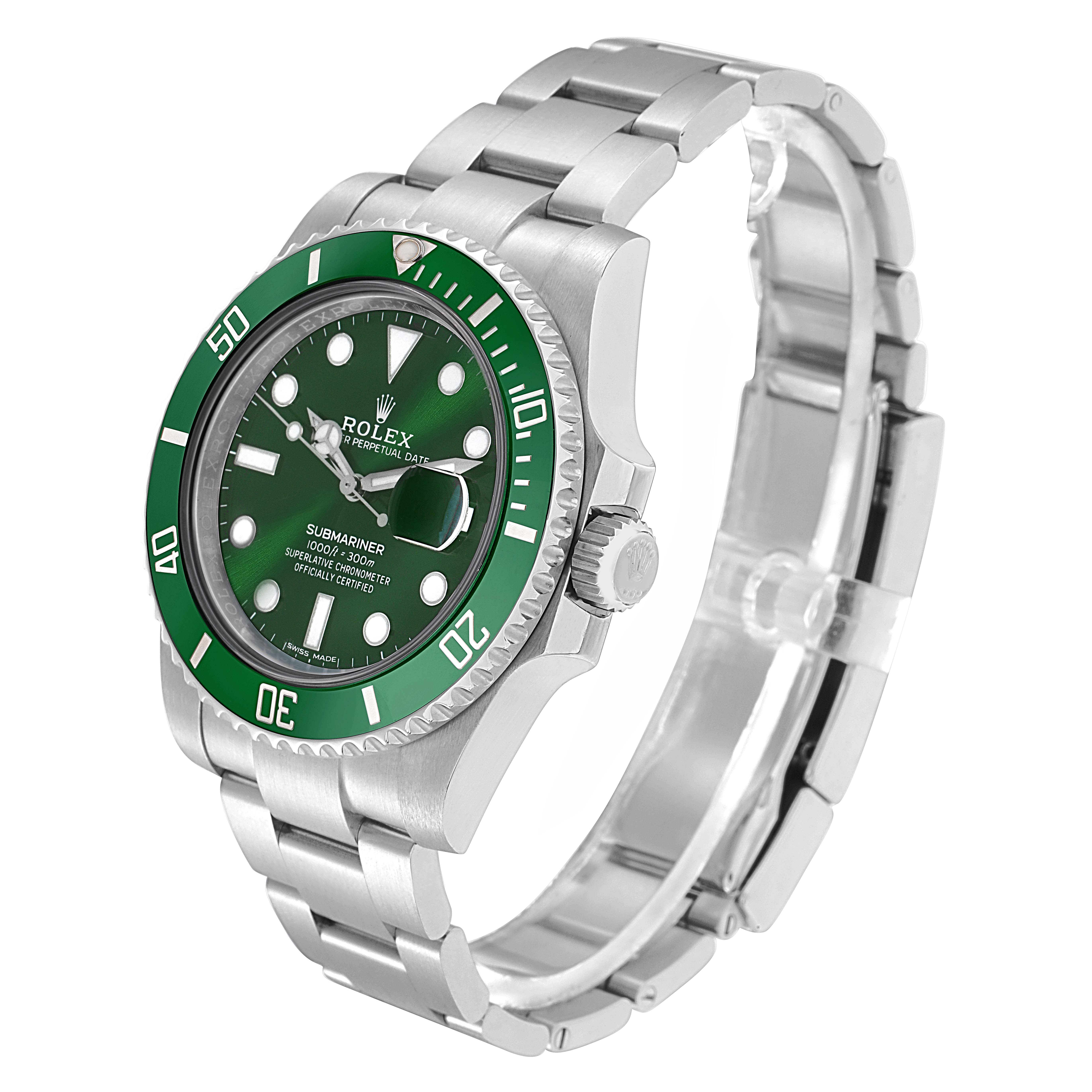 The Rolex Submariner 116610LV Men
s Stainless Steel Green Dial 116610LV Men
s Stainless Steel Green Dial watch is shown at an angled view, highlighting the green bezel, dial, case, crown, and bracelet.