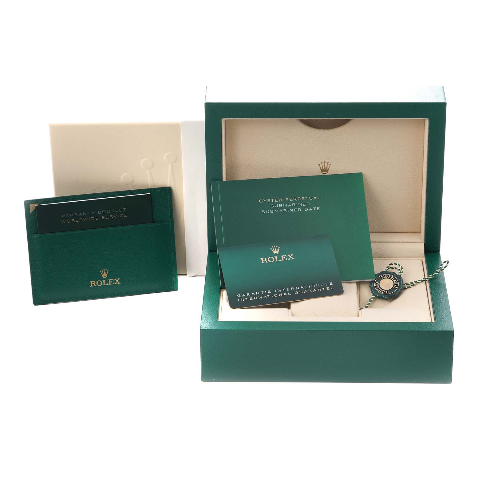 The image shows the packaging and documentation for a Rolex Submariner 124060 Men
s Stainless Steel Black Dial 124060 Men
s Stainless Steel Black Dial watch, including the box, warranty, and manuals.