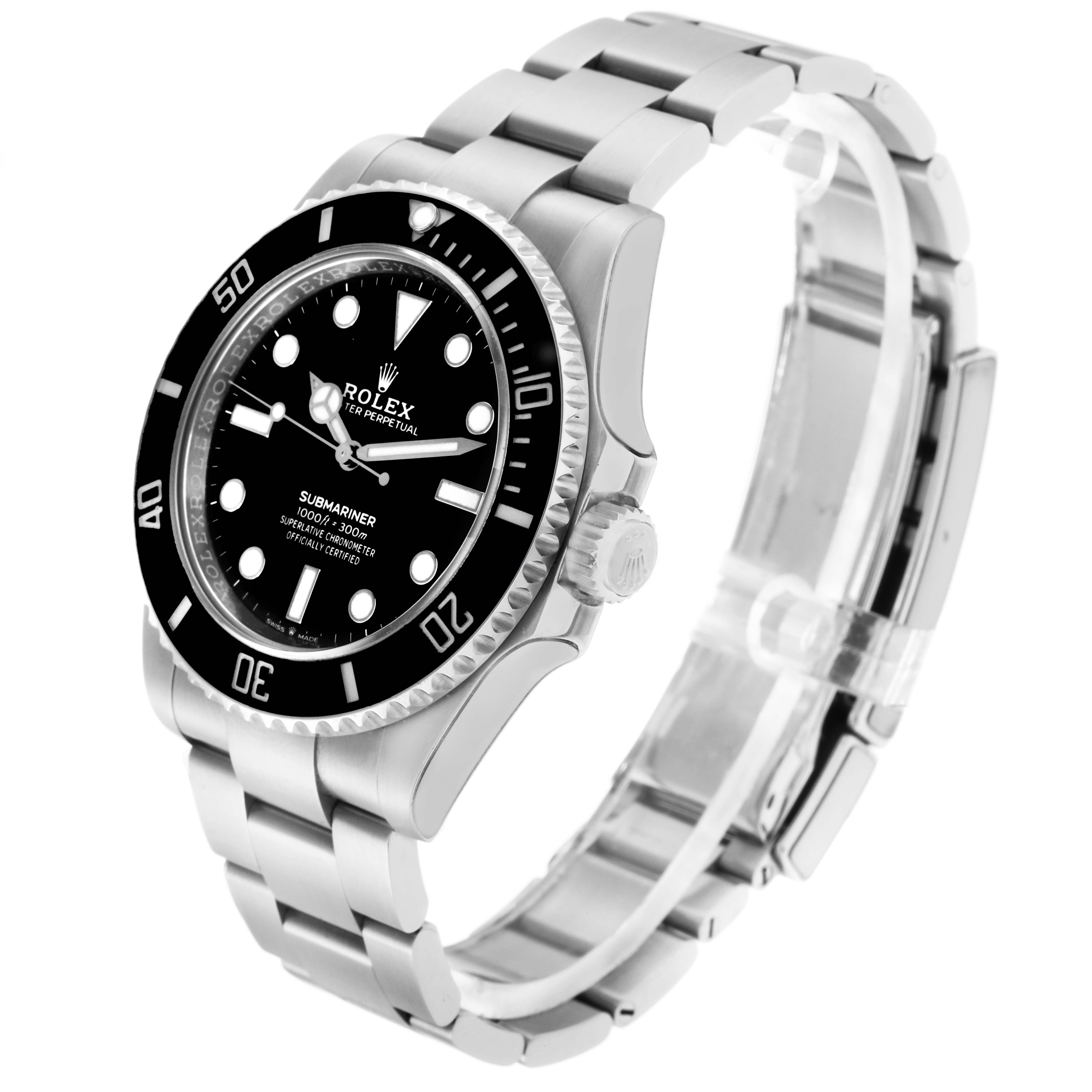 The Rolex Submariner 124060 Men
s Stainless Steel Black Dial 124060 Men
s Stainless Steel Black Dial watch is shown at a three-quarter angle, highlighting the face, bezel, crown, and bracelet.