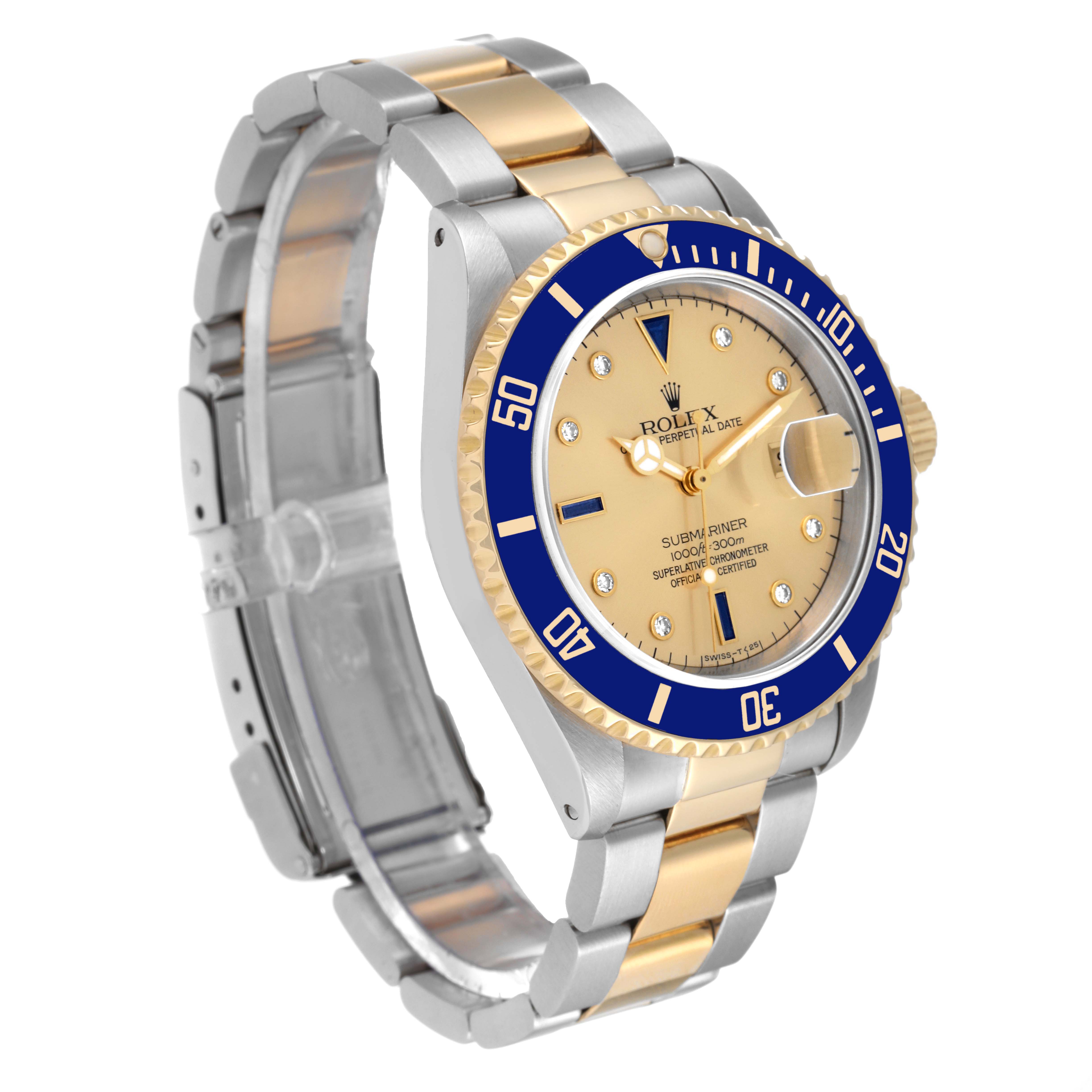 The pictured Rolex Submariner 16613 Men's Steel and Gold (two tone) Champagne Dial 16613 Men's Steel and Gold (two tone) Champagne Dial watch is shown at an angled view, highlighting the dial, bezel, and bracelet.