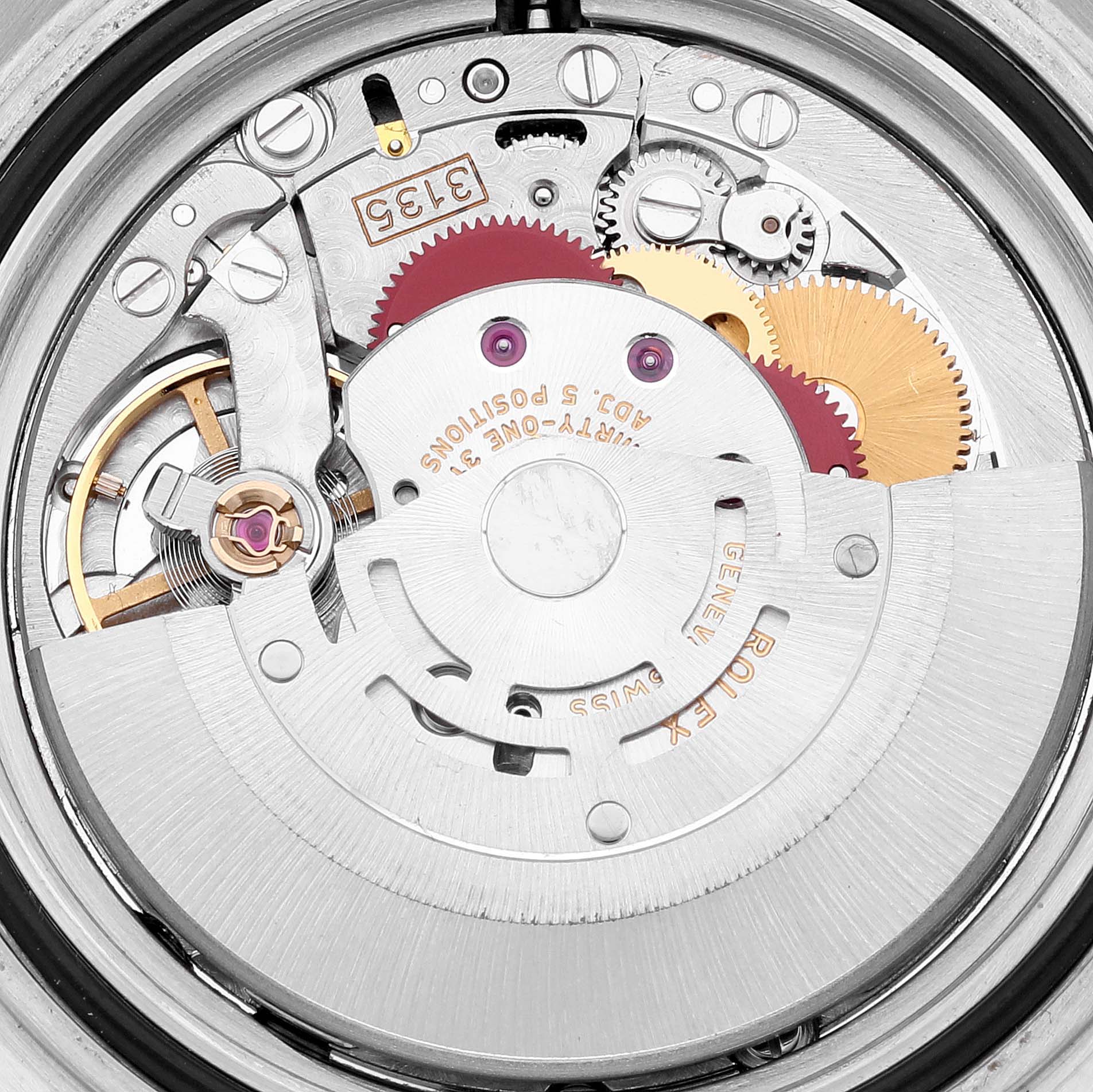 The image shows a close-up of the intricate internal mechanism of a Rolex Submariner 16613 Men's Steel and Gold (two tone) Champagne Dial 16613 Men's Steel and Gold (two tone) Champagne Dial, highlighting gears, screws, and the rotor.