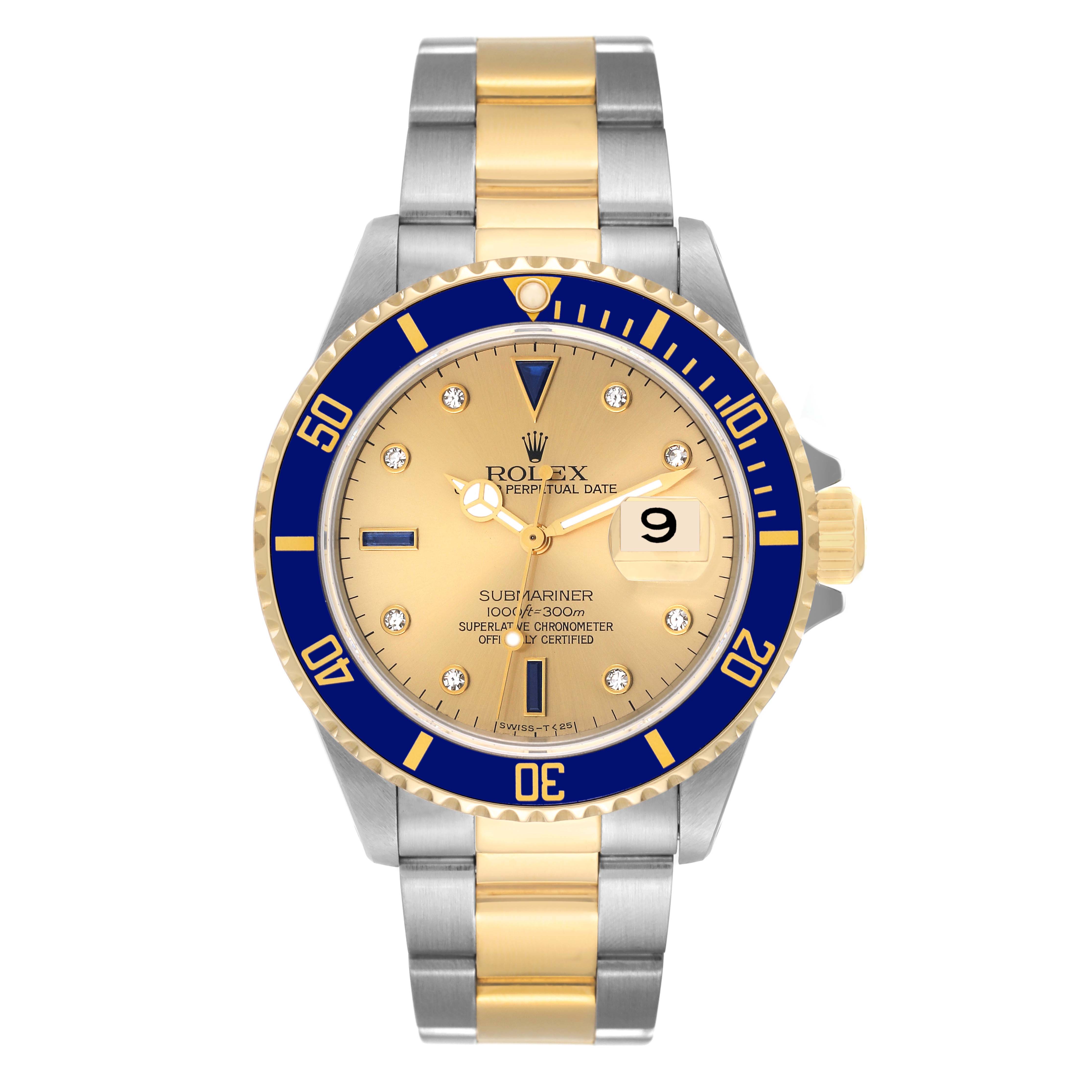 The image shows a front view of the Rolex Submariner 16613 Men's Steel and Gold (two tone) Champagne Dial 16613 Men's Steel and Gold (two tone) Champagne Dial watch, highlighting its gold dial, blue bezel, date window, and two-tone bracelet.