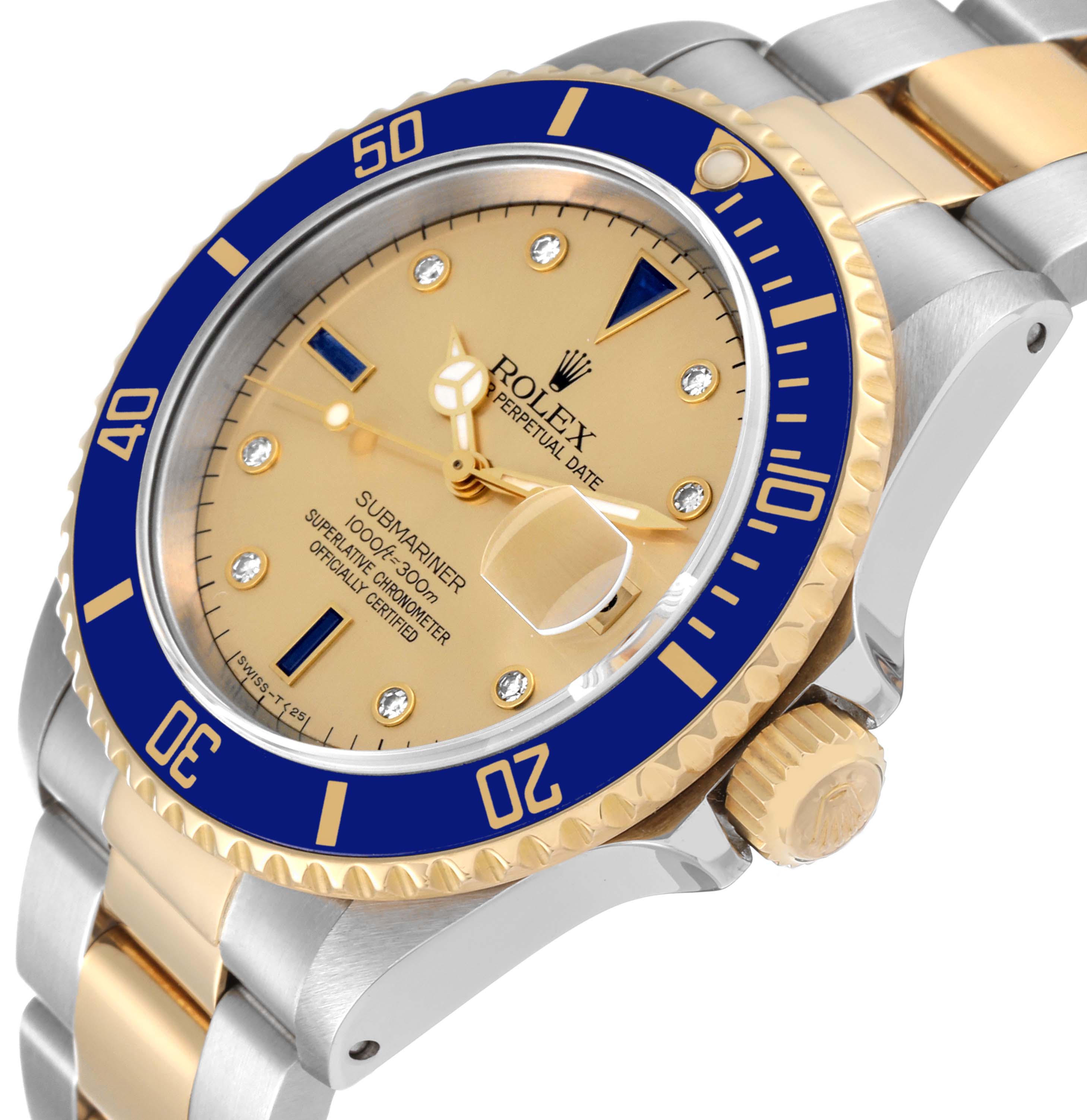 The image shows a close-up of the Rolex Submariner 16613 Men's Steel and Gold (two tone) Champagne Dial 16613 Men's Steel and Gold (two tone) Champagne Dial watch, highlighting the face, bezel, crown, and part of the bracelet.
