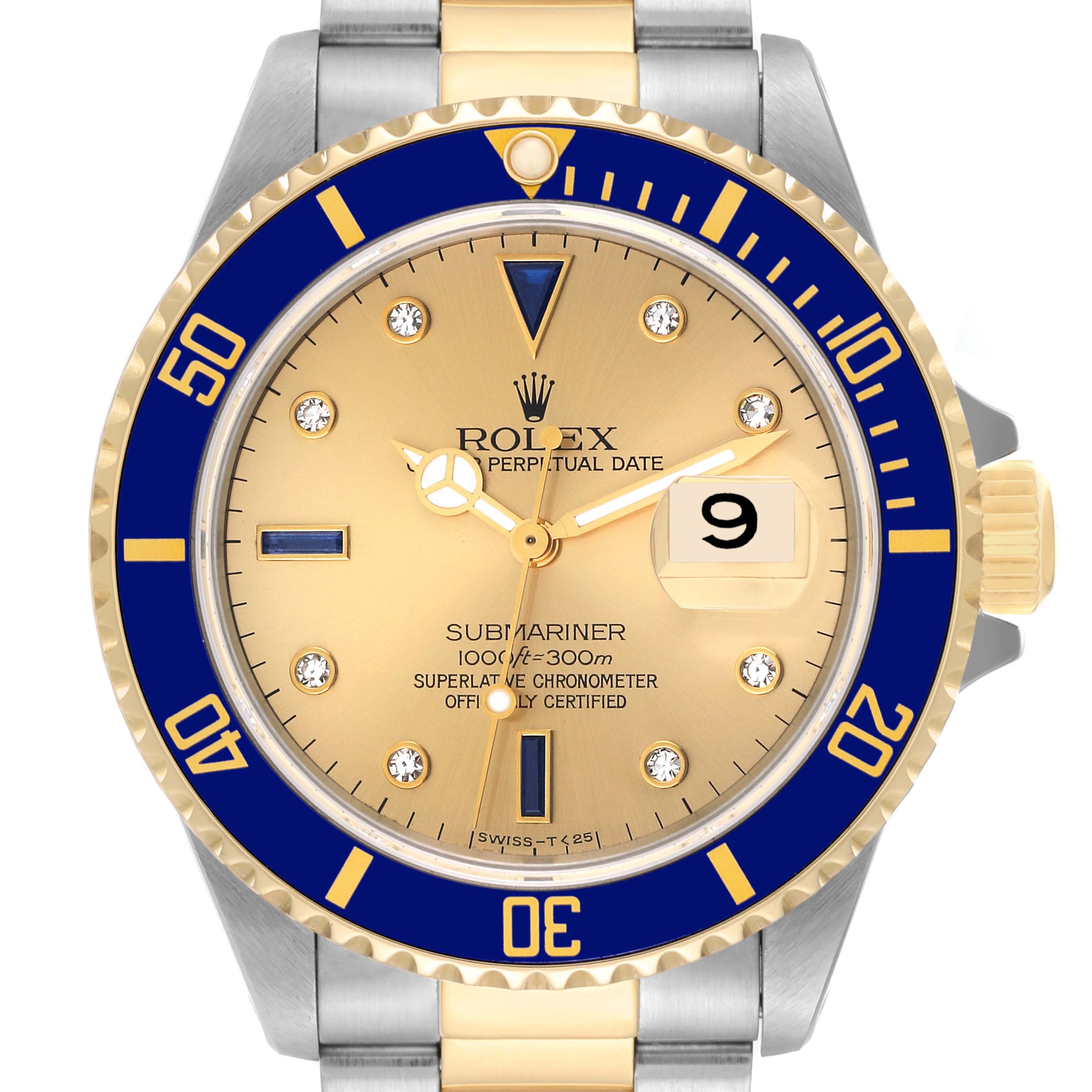 The image shows a front view of a Rolex Submariner 16613 Men's Steel and Gold (two tone) Champagne Dial 16613 Men's Steel and Gold (two tone) Champagne Dial watch, highlighting its golden dial, blue-and-gold bezel, and stainless steel and gold bracelet.