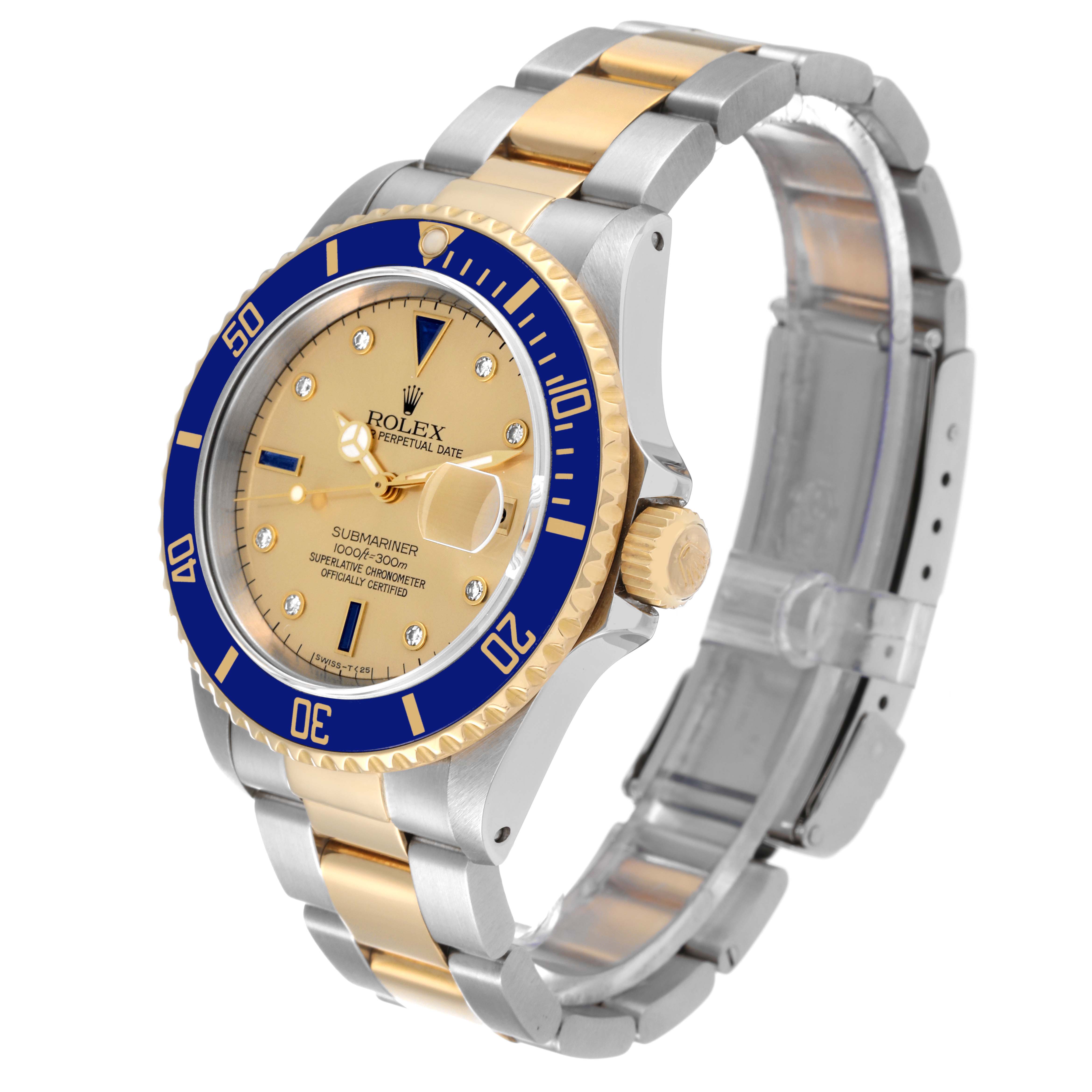 The image shows a Rolex Submariner 16613 Men's Steel and Gold (two tone) Champagne Dial 16613 Men's Steel and Gold (two tone) Champagne Dial watch at a three-quarter angle, highlighting the bezel, dial, case, and bracelet.