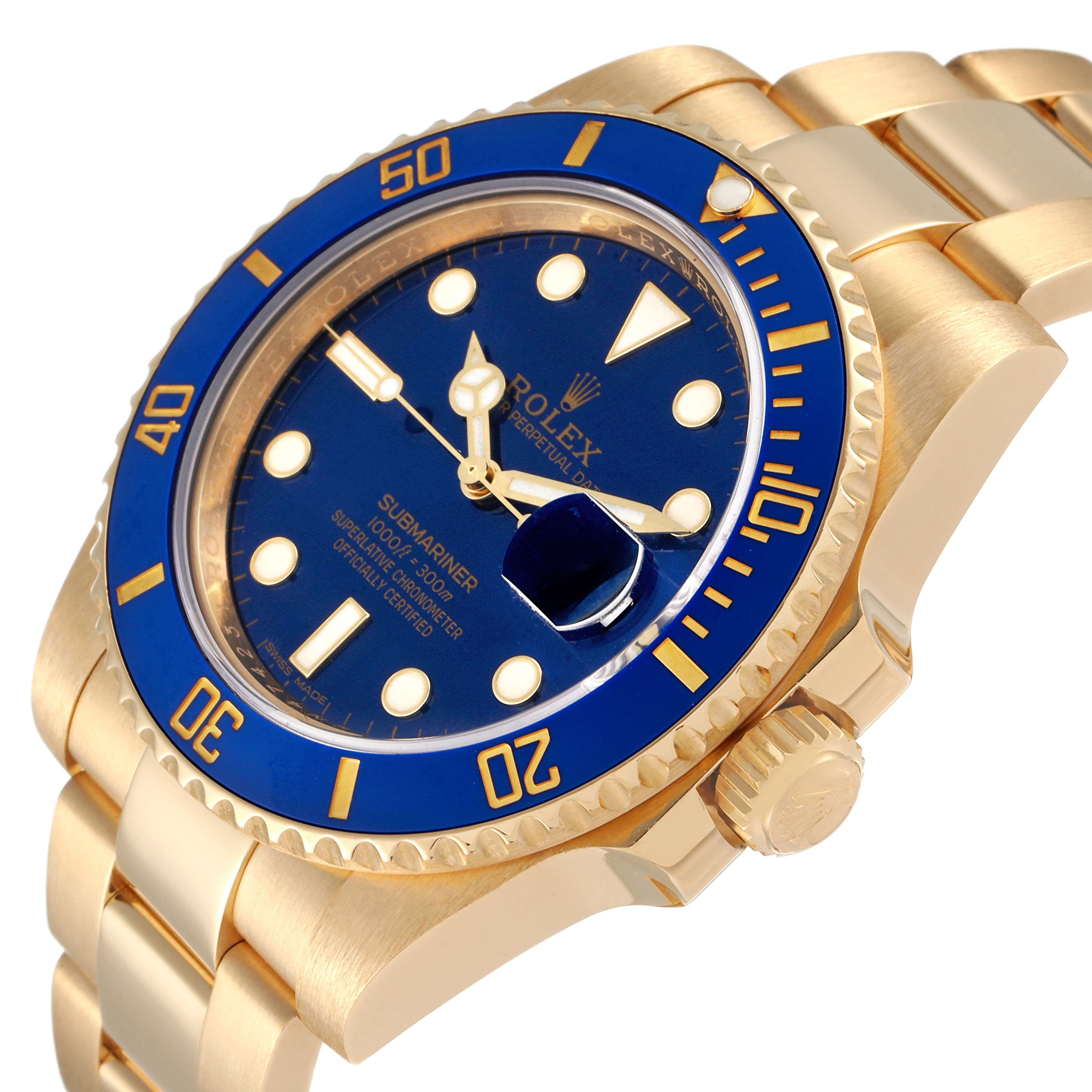 The Rolex Submariner 116618 Men's Yellow Gold Blue Dial 116618 Men's Yellow Gold Blue Dial watch is shown at a three-quarter angle, highlighting its blue bezel, gold case, and bracelet.