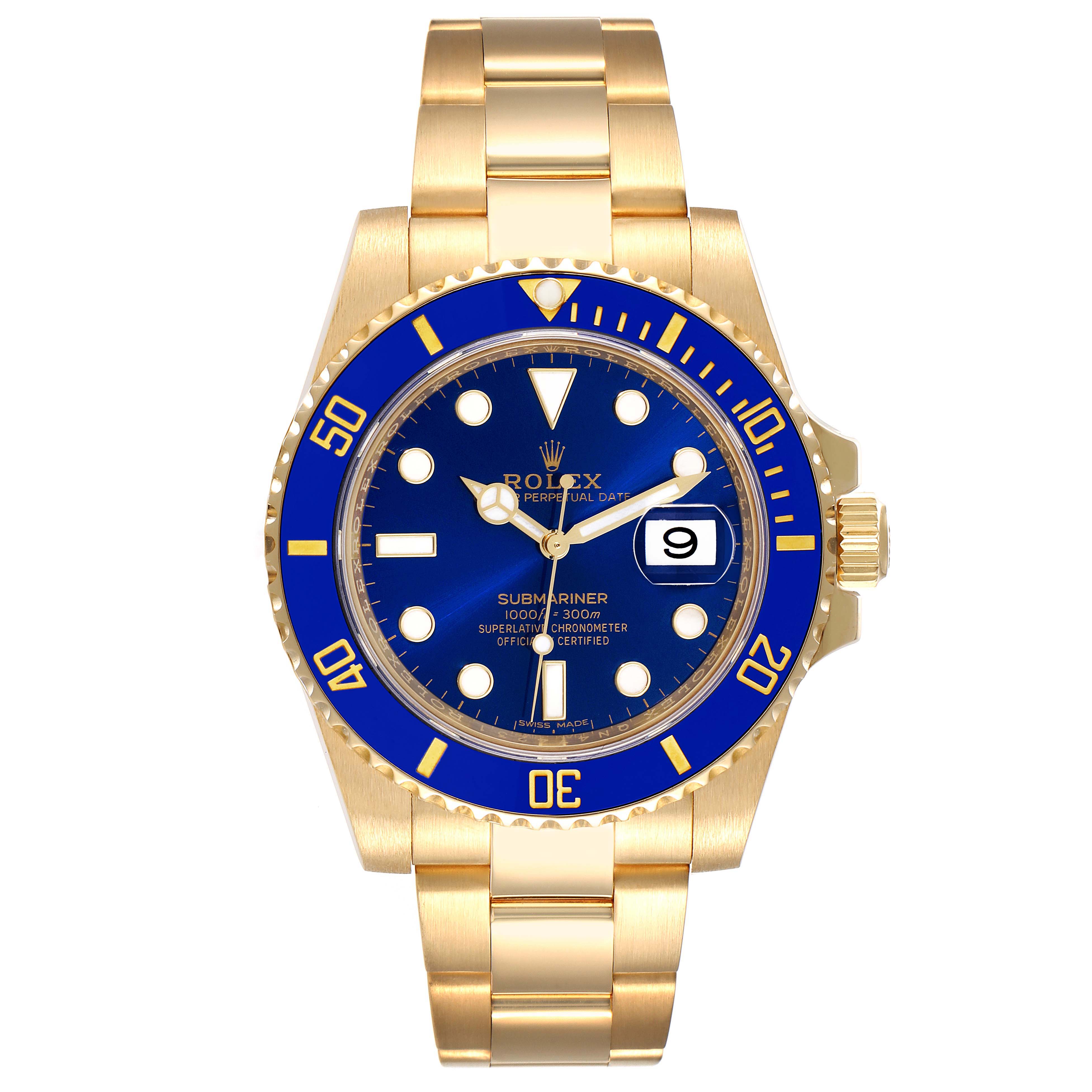 This image shows a Rolex Submariner 116618 Men's Yellow Gold Blue Dial 116618 Men's Yellow Gold Blue Dial watch front view, featuring a blue dial, blue bezel, and a gold bracelet.
