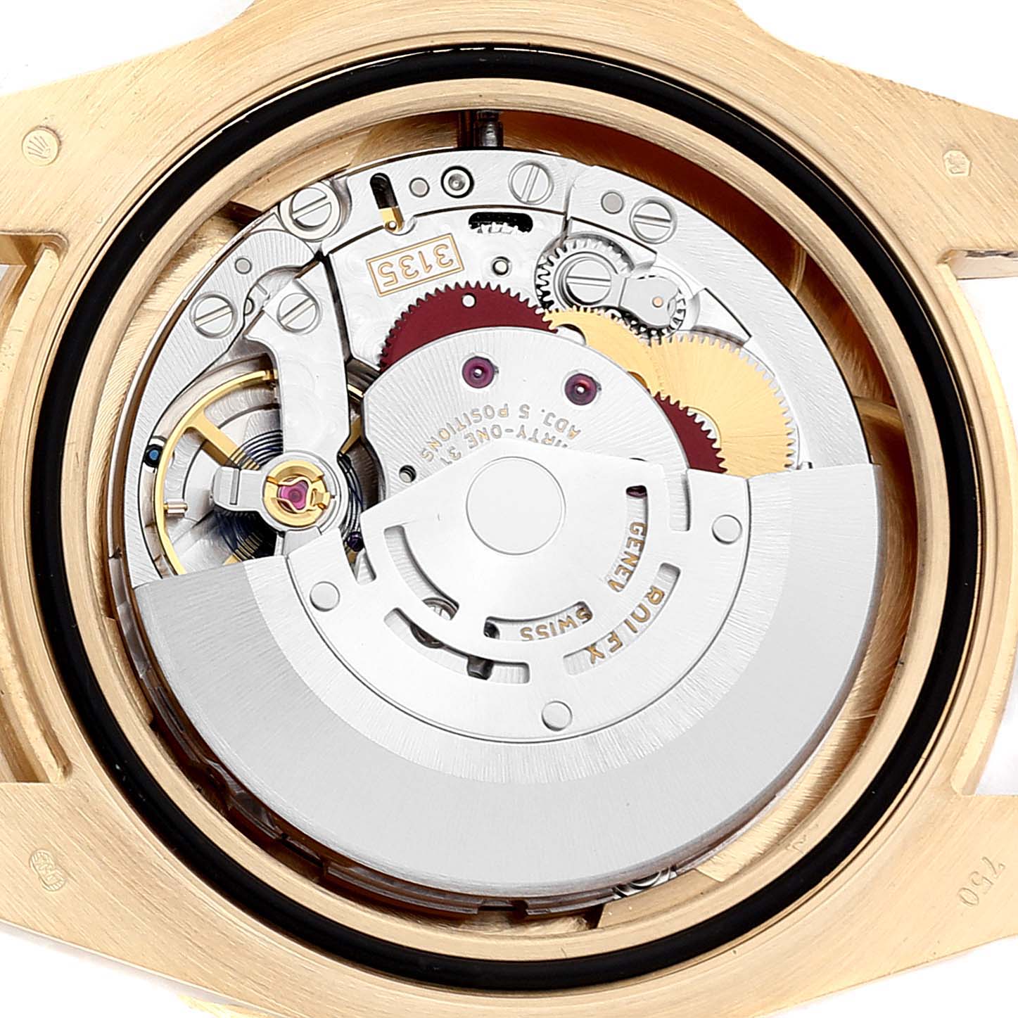 This image shows a close-up of the internal movement mechanism of a Rolex Submariner 116618 Men's Yellow Gold Blue Dial 116618 Men's Yellow Gold Blue Dial watch.