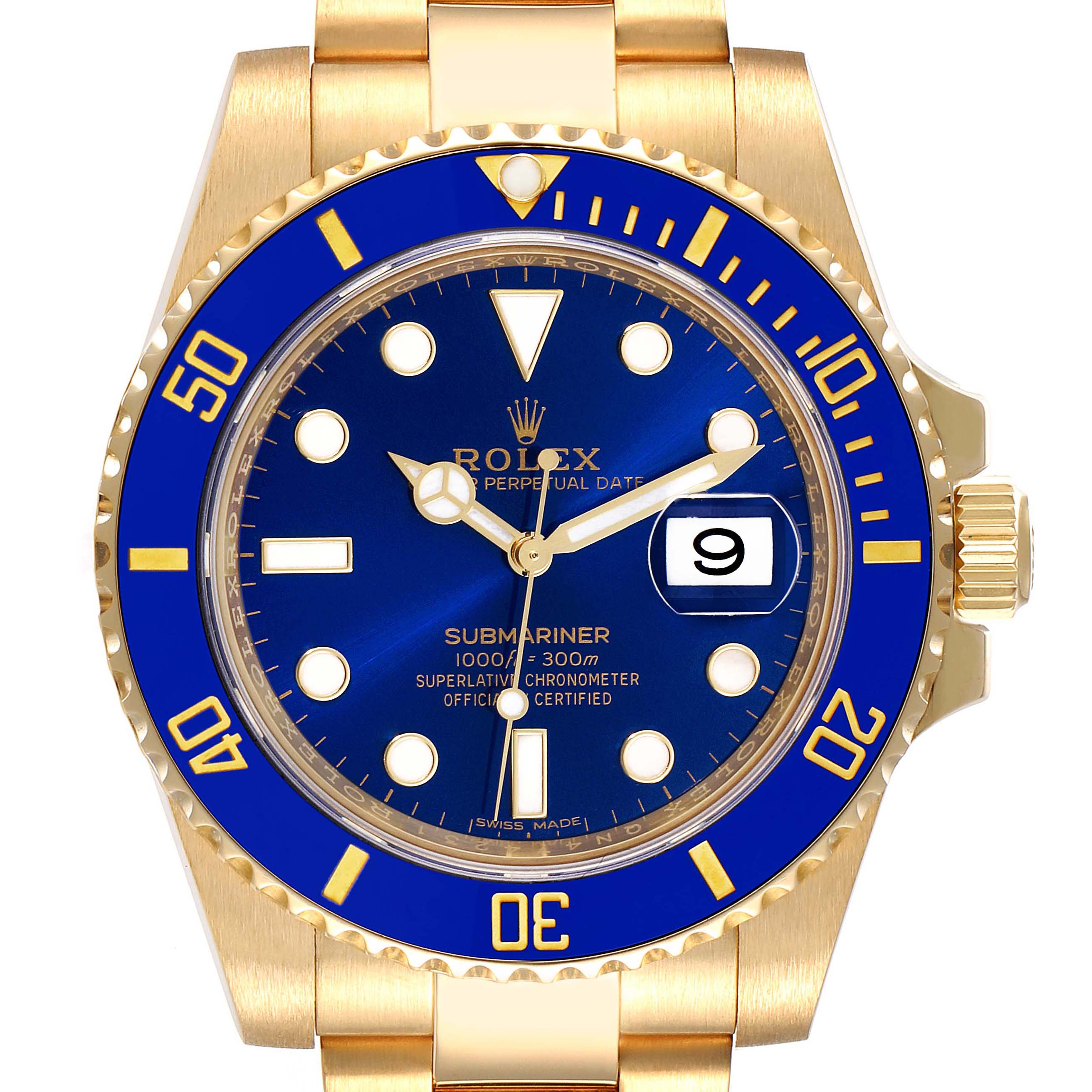 The image shows a front view of a Rolex Submariner 116618 Men's Yellow Gold Blue Dial 116618 Men's Yellow Gold Blue Dial watch with a blue dial and bezel, and a gold case and bracelet.