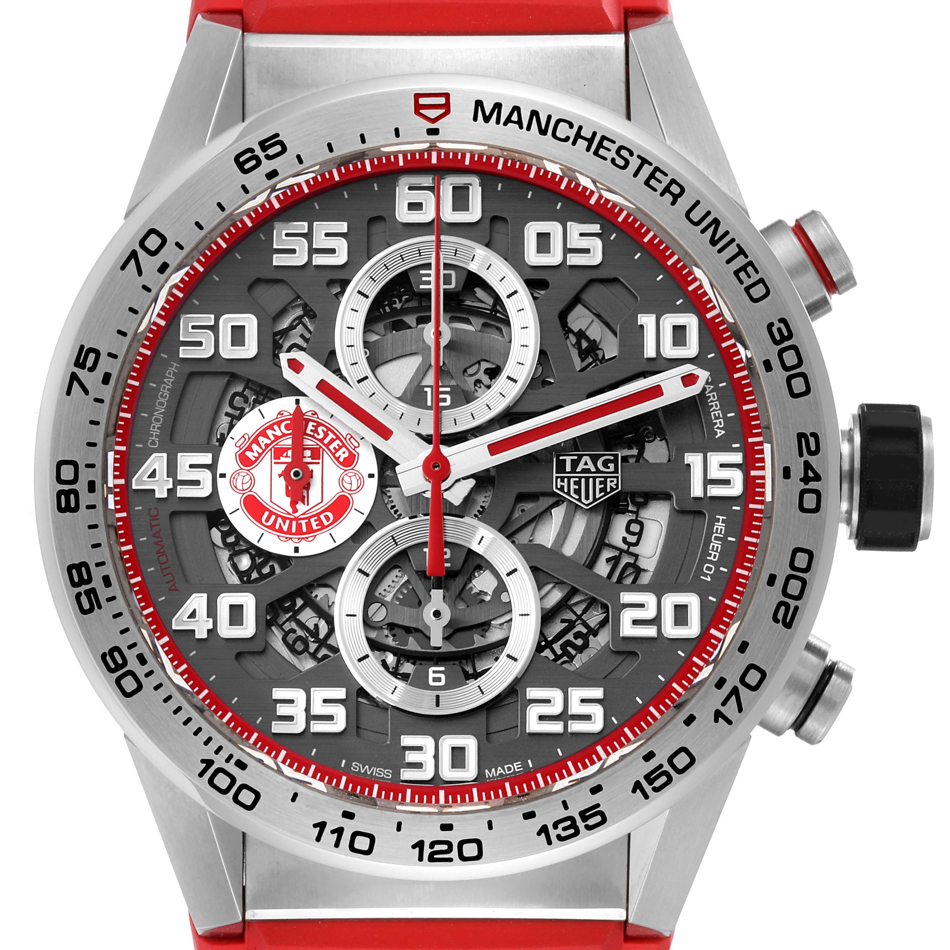 This image shows a front view of the Tag Heuer Limited Edition CAR201M.FT6156 Men
s Stainless Steel Silver Dial CAR201M.FT6156 Men
s Stainless Steel Silver Dial Manchester United model watch, highlighting the face, dials, and bezel.