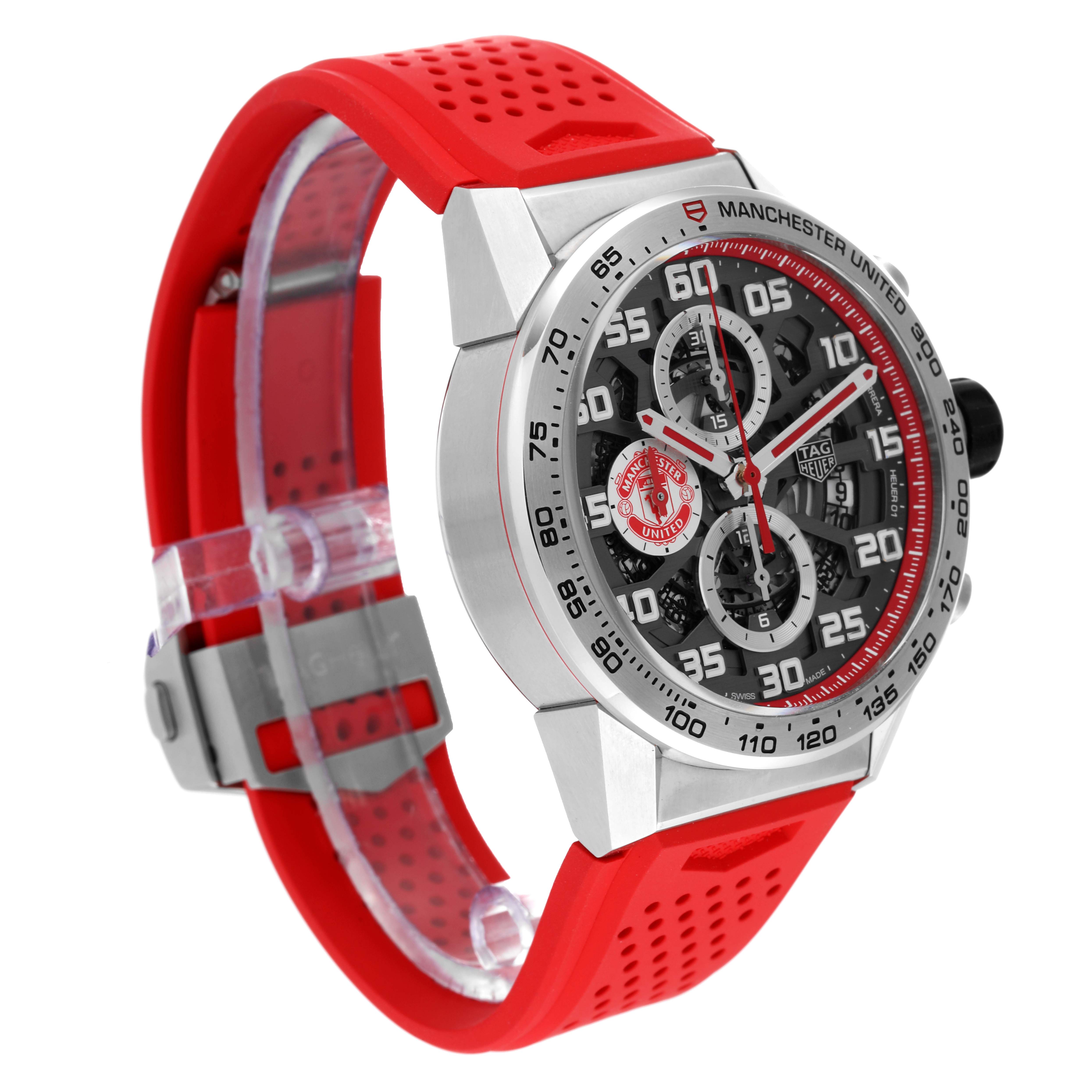 The image shows a side view of the Tag Heuer Limited Edition CAR201M.FT6156 Men
s Stainless Steel Silver Dial CAR201M.FT6156 Men
s Stainless Steel Silver Dial watch, showcasing its red strap, case, bezel, and dial.