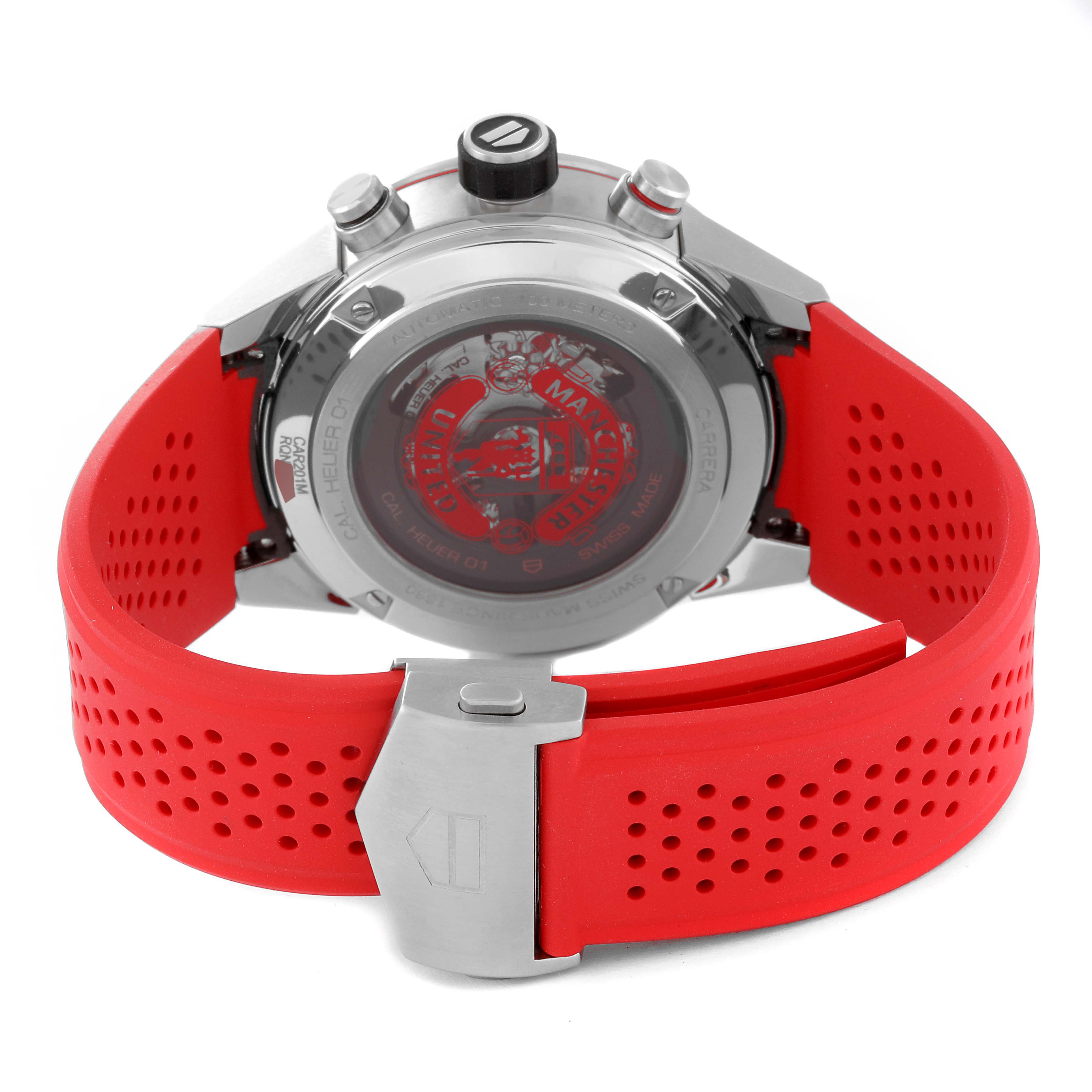 The image shows the back view of a Tag Heuer Limited Edition CAR201M.FT6156 Men
s Stainless Steel Silver Dial CAR201M.FT6156 Men
s Stainless Steel Silver Dial watch, highlighting its case back, red rubber strap, and clasp.