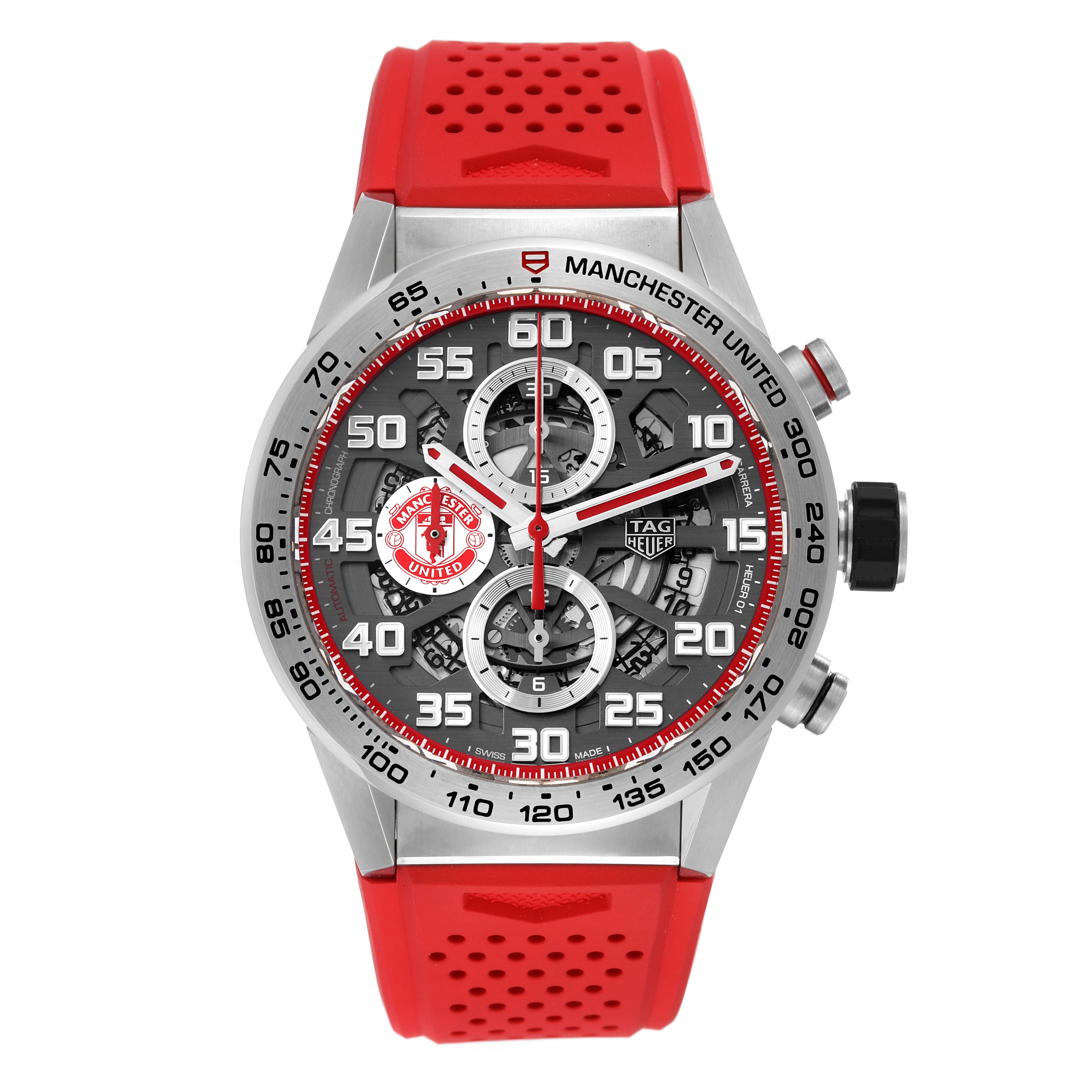 This image shows a front view of the Tag Heuer Limited Edition CAR201M.FT6156 Men
s Stainless Steel Silver Dial CAR201M.FT6156 Men
s Stainless Steel Silver Dial Manchester United watch, featuring a red strap and multiple sub-dials.