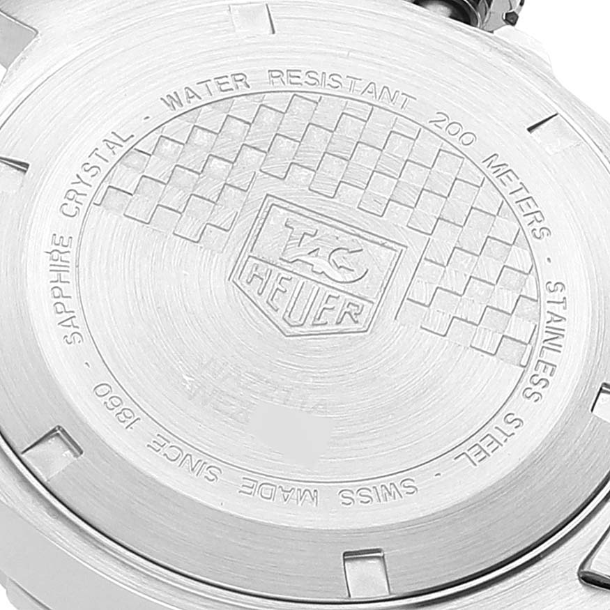 The image shows the back case of a Tag Heuer Formula 1 WAZ211A.BA0875 Men's Stainless Steel Black Dial WAZ211A.BA0875 Men's Stainless Steel Black Dial watch, displaying engravings and specifications.