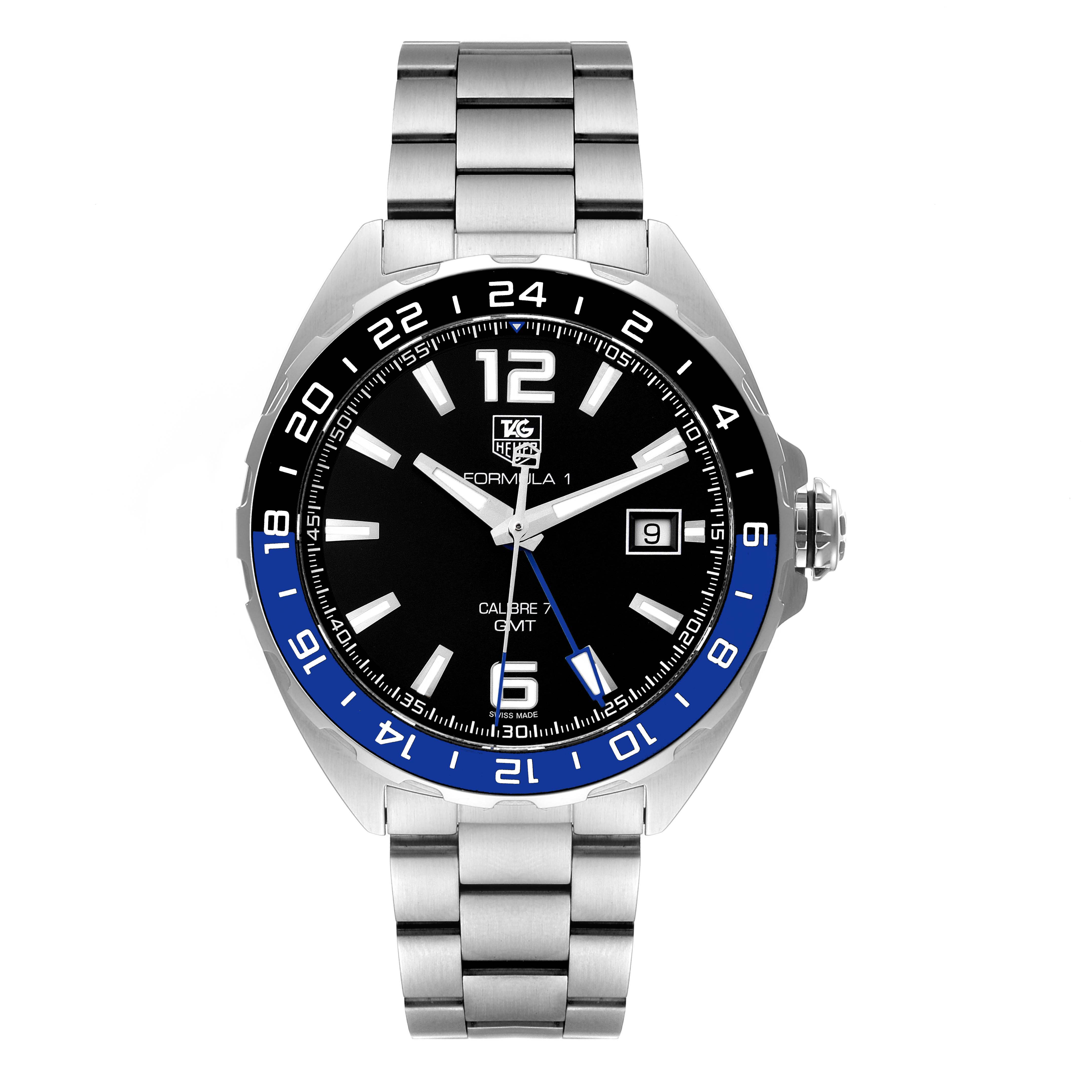 This image shows a Tag Heuer Formula 1 WAZ211A.BA0875 Men's Stainless Steel Black Dial WAZ211A.BA0875 Men's Stainless Steel Black Dial watch taken from a front-facing angle, highlighting the face, bezel, and metal bracelet.