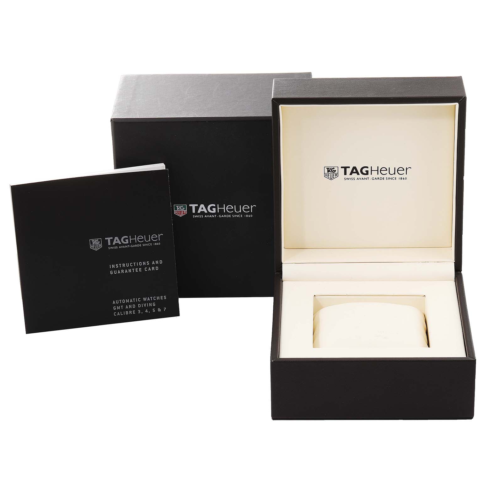 The image shows the packaging and instruction manual for the Tag Heuer Formula 1 WAZ211A.BA0875 Men's Stainless Steel Black Dial WAZ211A.BA0875 Men's Stainless Steel Black Dial watch, with an empty watch box and branded booklet.
