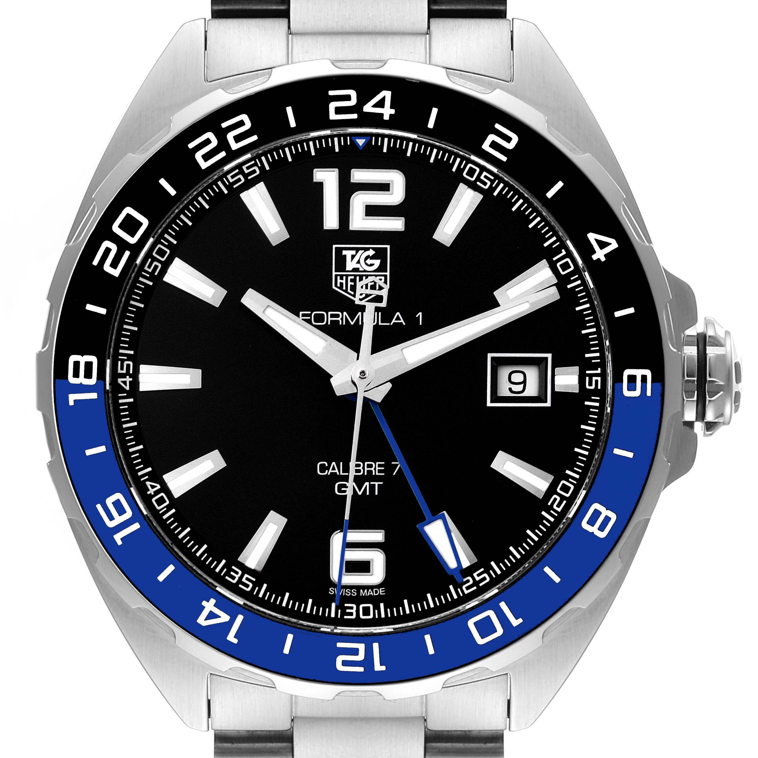 The image shows a frontal view of the face of the Tag Heuer Formula 1 WAZ211A.BA0875 Men's Stainless Steel Black Dial WAZ211A.BA0875 Men's Stainless Steel Black Dial watch, including the bezel, dial, and part of the bracelet.