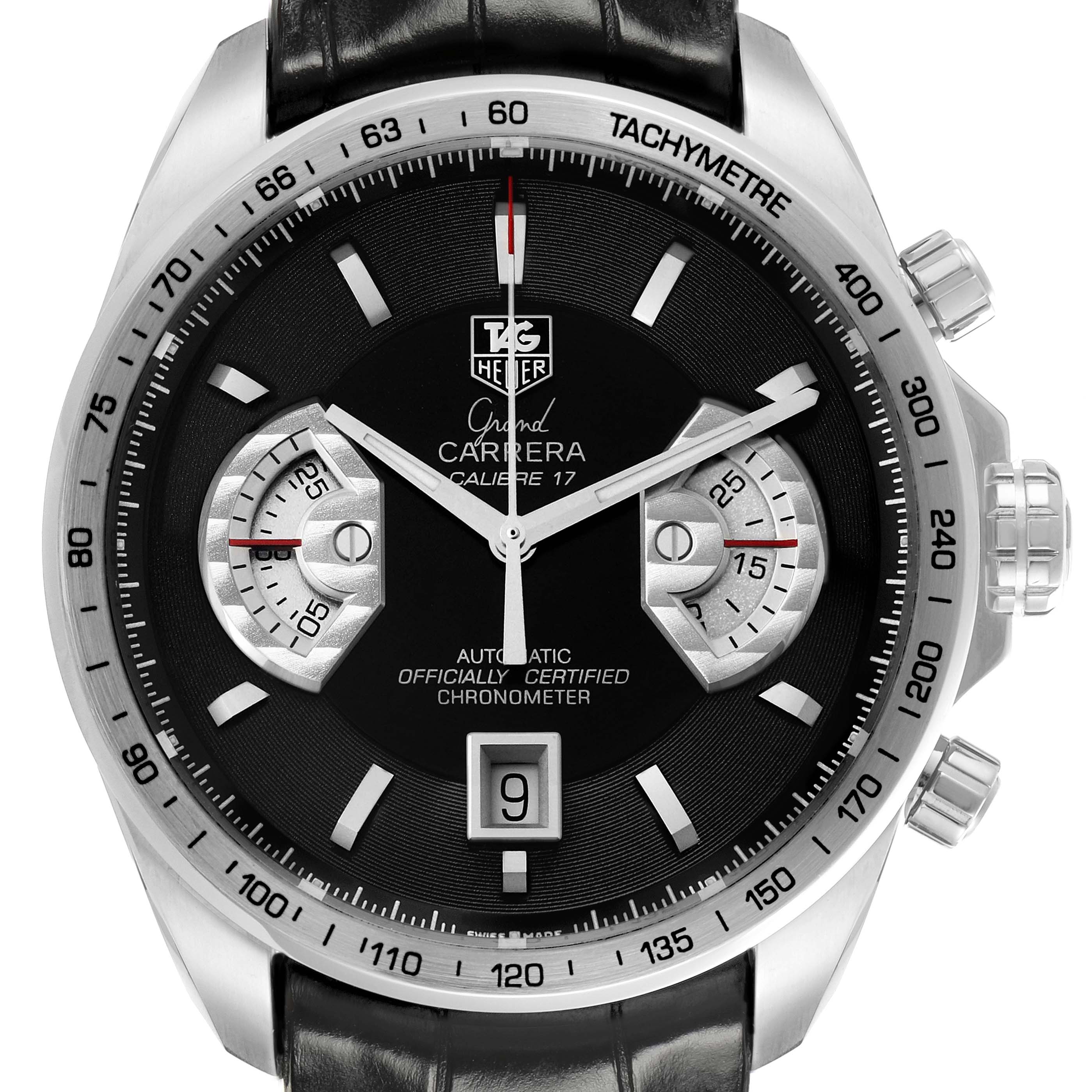 The Tag Heuer Carrera CAV511A.FC6225 Men
s Stainless Steel Black Dial CAV511A.FC6225 Men
s Stainless Steel Black Dial watch is shown in a close-up, frontal view, highlighting its face, tachymeter bezel, and subdials.