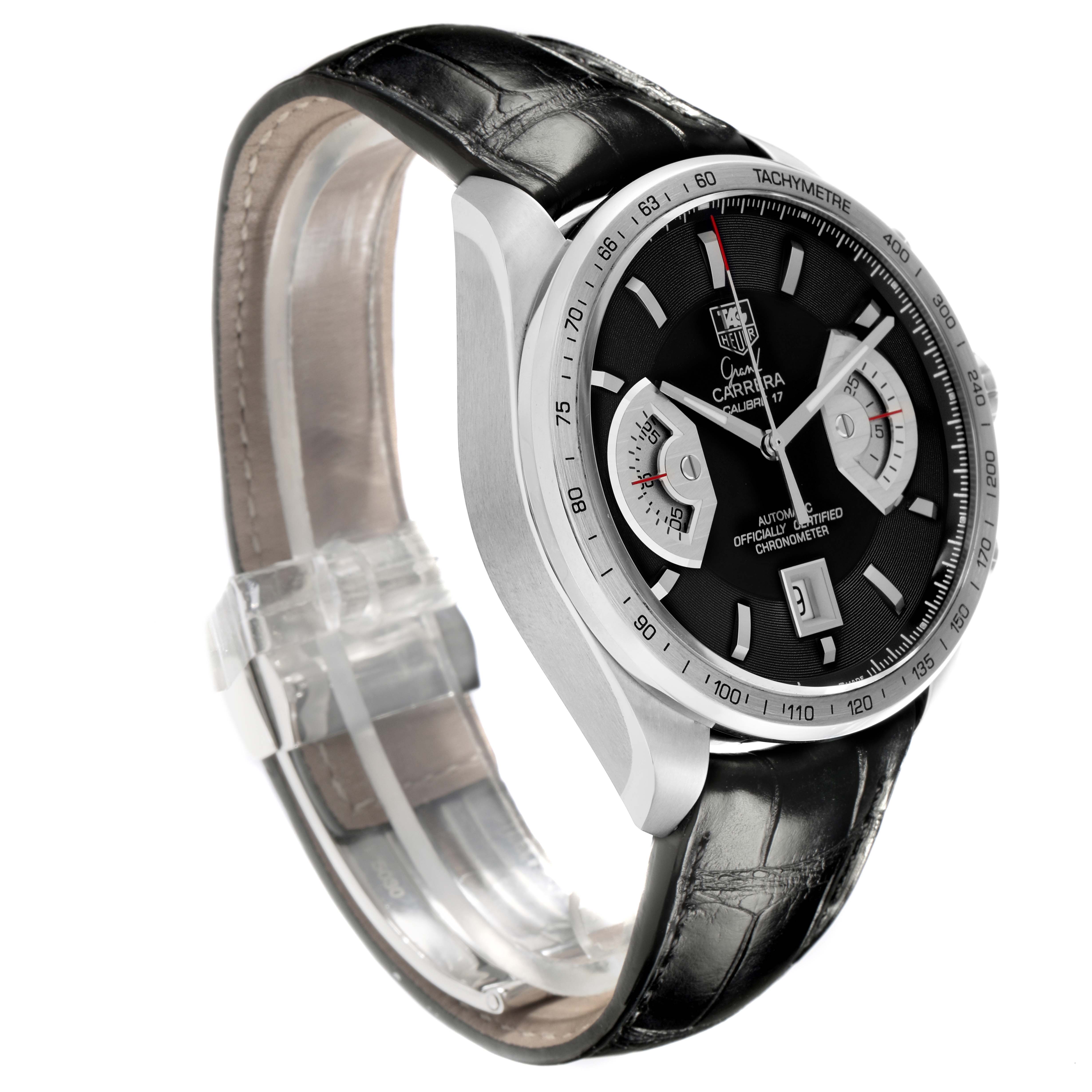 The Tag Heuer Carrera CAV511A.FC6225 Men
s Stainless Steel Black Dial CAV511A.FC6225 Men
s Stainless Steel Black Dial watch is shown at a slight side angle, highlighting the dial, bezel, and leather strap.