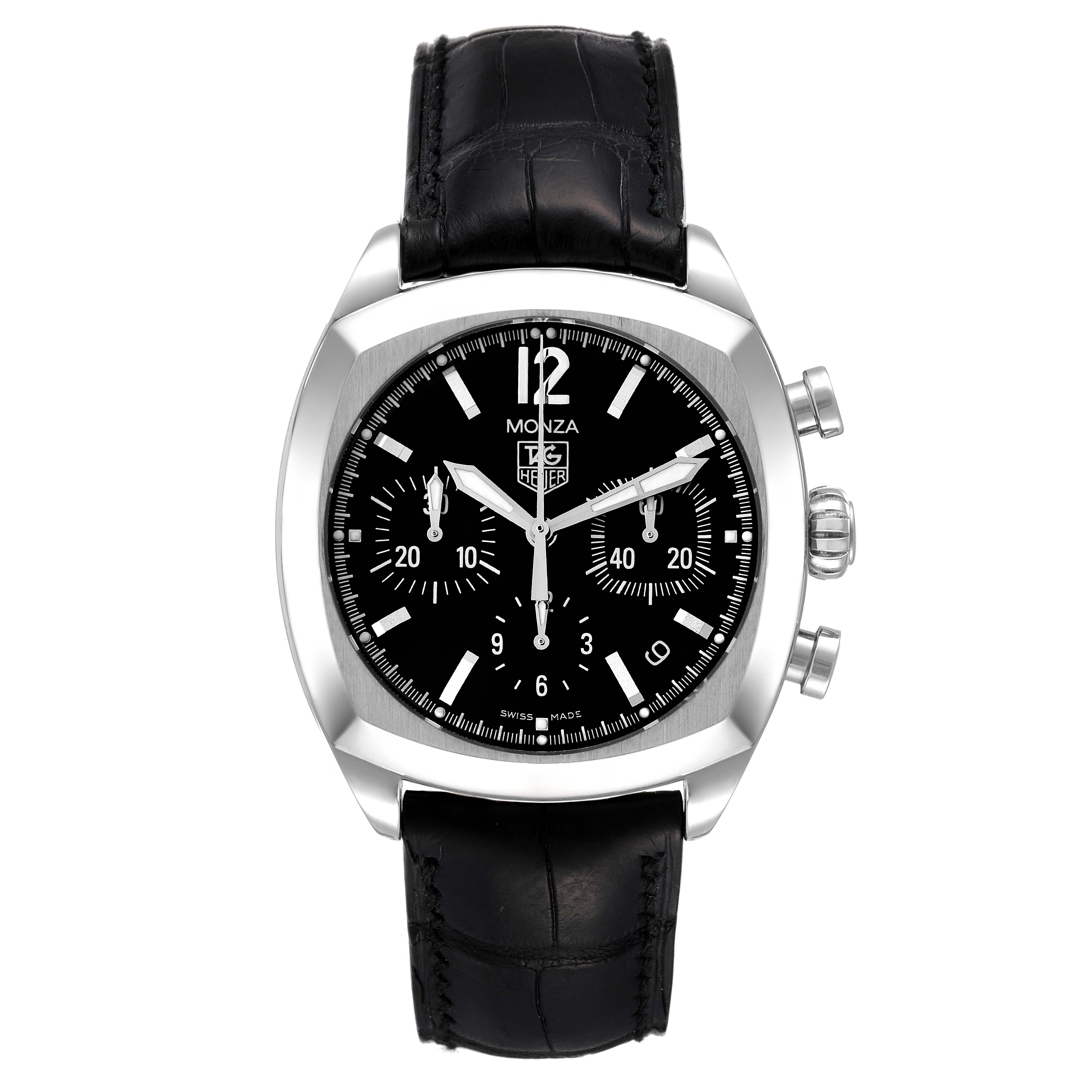 The Tag Heuer Monza CR2113.FC6164 Men's Stainless Steel Black Dial CR2113.FC6164 Men's Stainless Steel Black Dial watch is shown from a front angle, with its face and leather strap clearly visible.