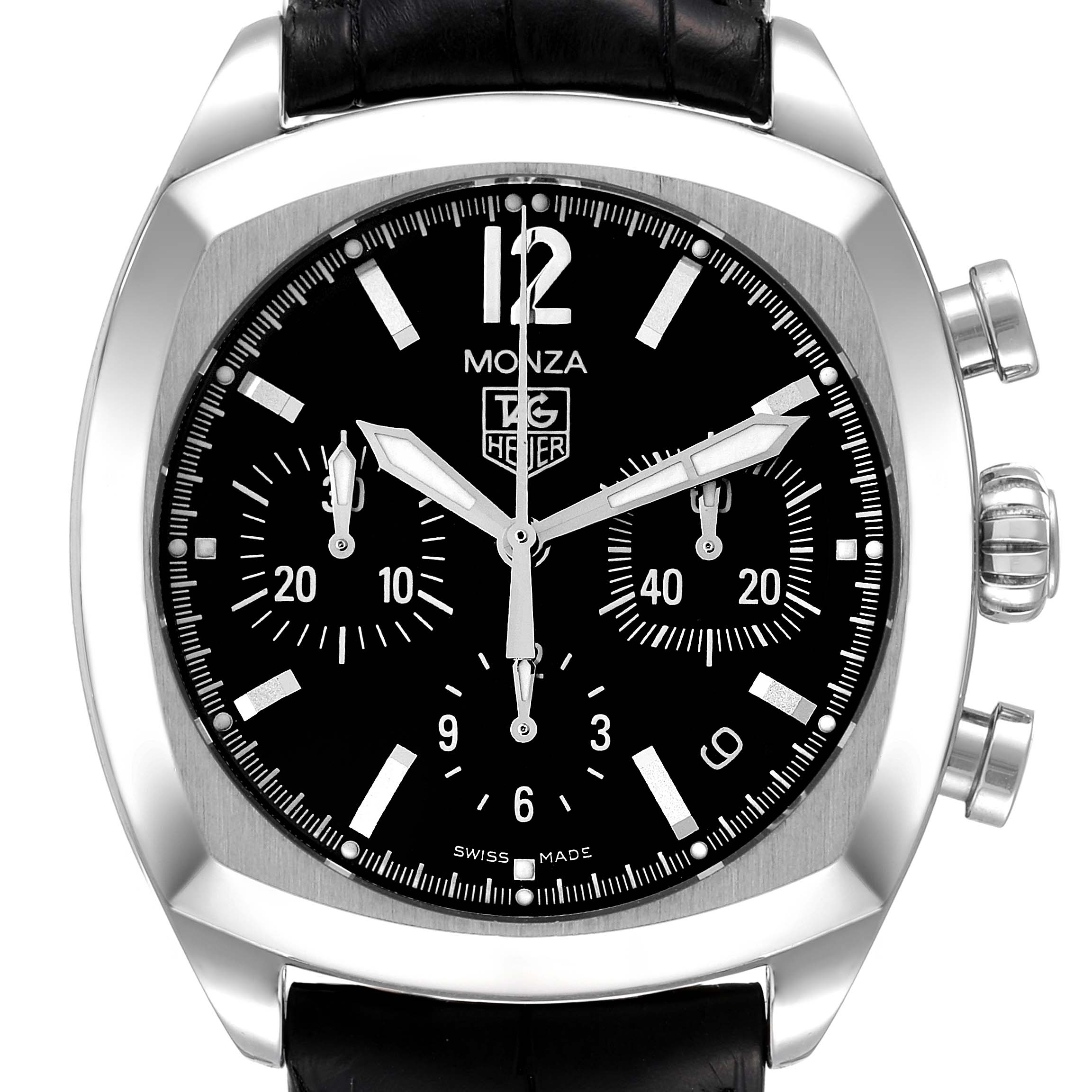 The image shows a frontal view of the Tag Heuer Monza CR2113.FC6164 Men's Stainless Steel Black Dial CR2113.FC6164 Men's Stainless Steel Black Dial watch, highlighting its black dial, sub-dials, and stainless steel case.