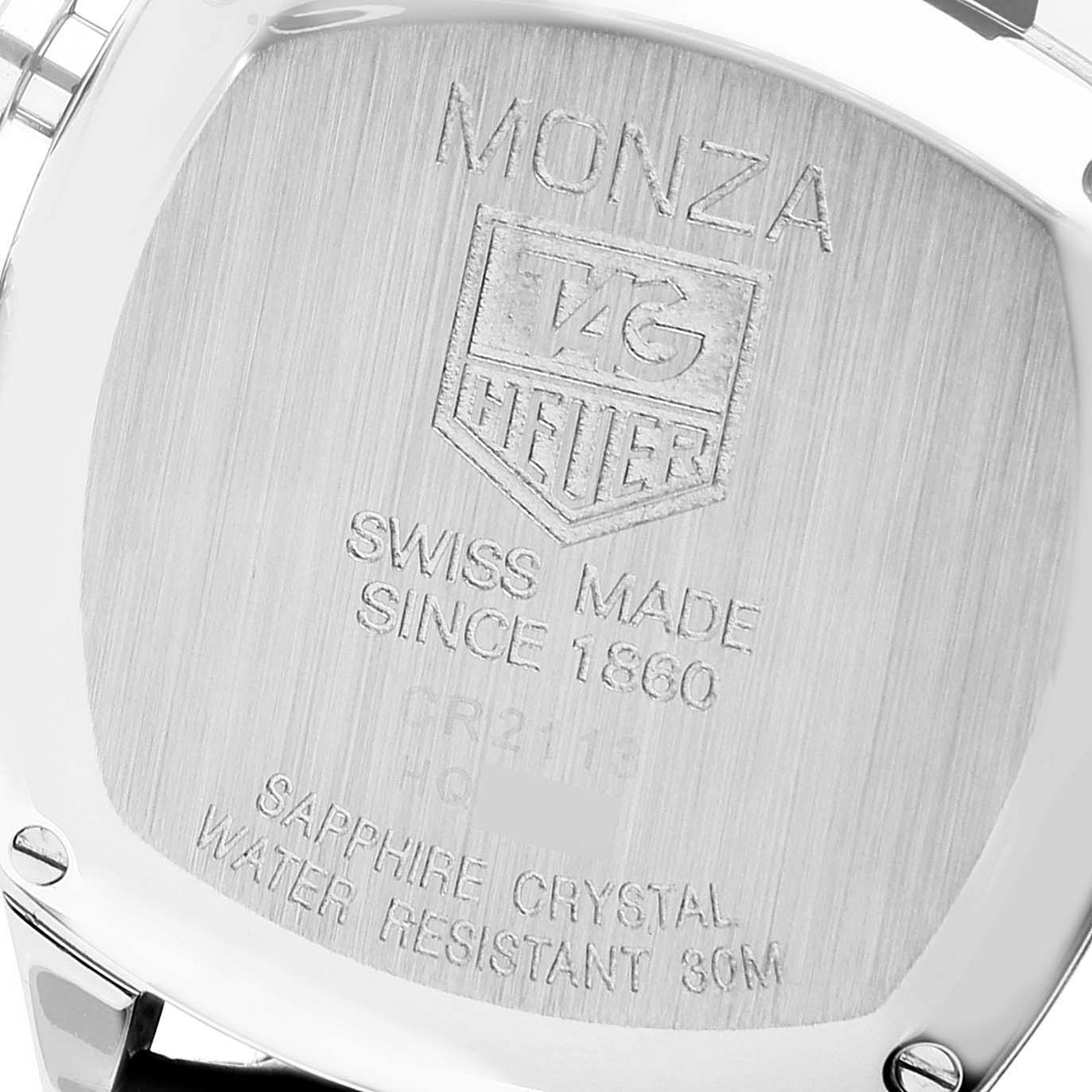 This image shows the back case of a Tag Heuer Monza CR2113.FC6164 Men's Stainless Steel Black Dial CR2113.FC6164 Men's Stainless Steel Black Dial watch, featuring engraving details and brand information.