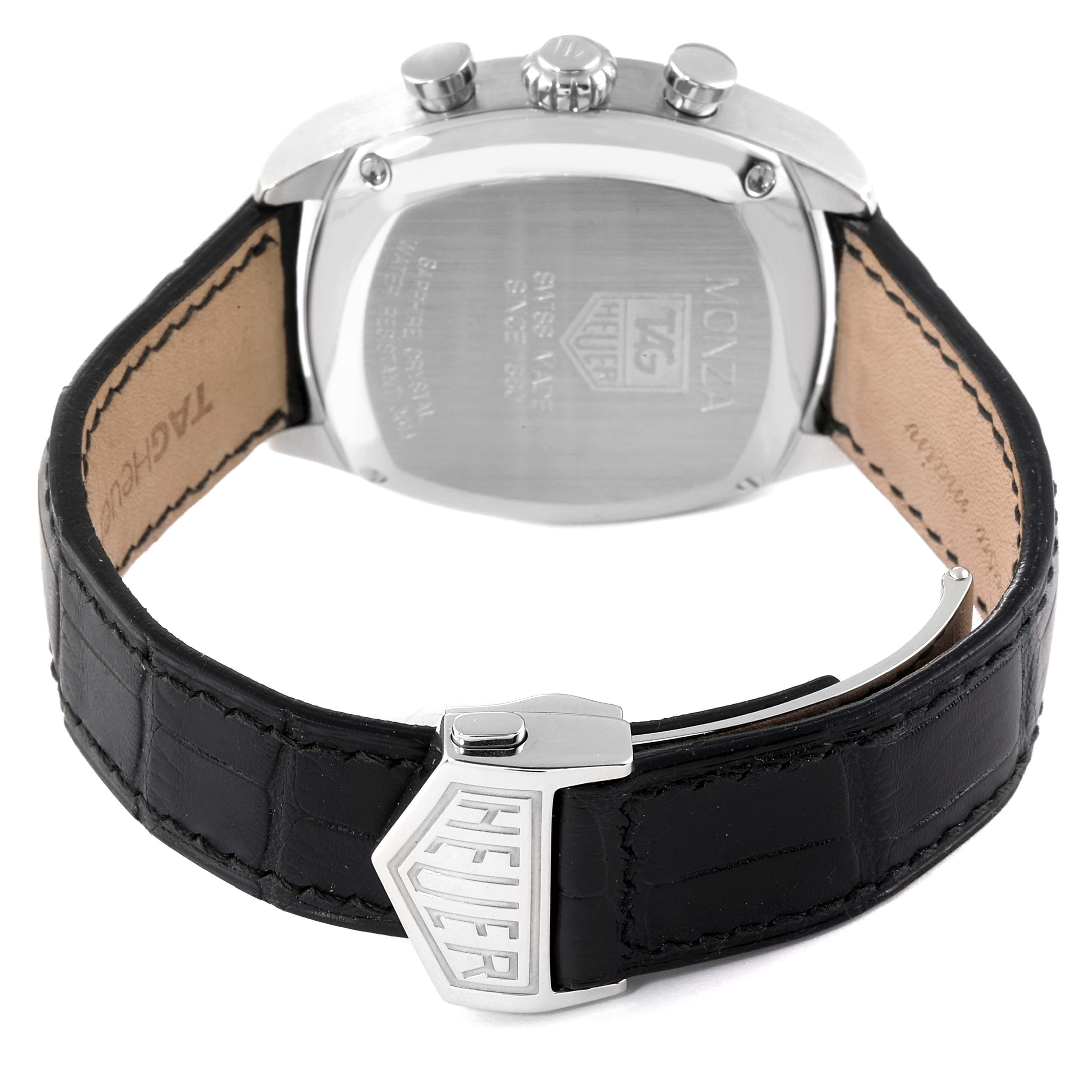 The image shows the back case and strap of a Tag Heuer Monza CR2113.FC6164 Men's Stainless Steel Black Dial CR2113.FC6164 Men's Stainless Steel Black Dial watch from a rear angle.
