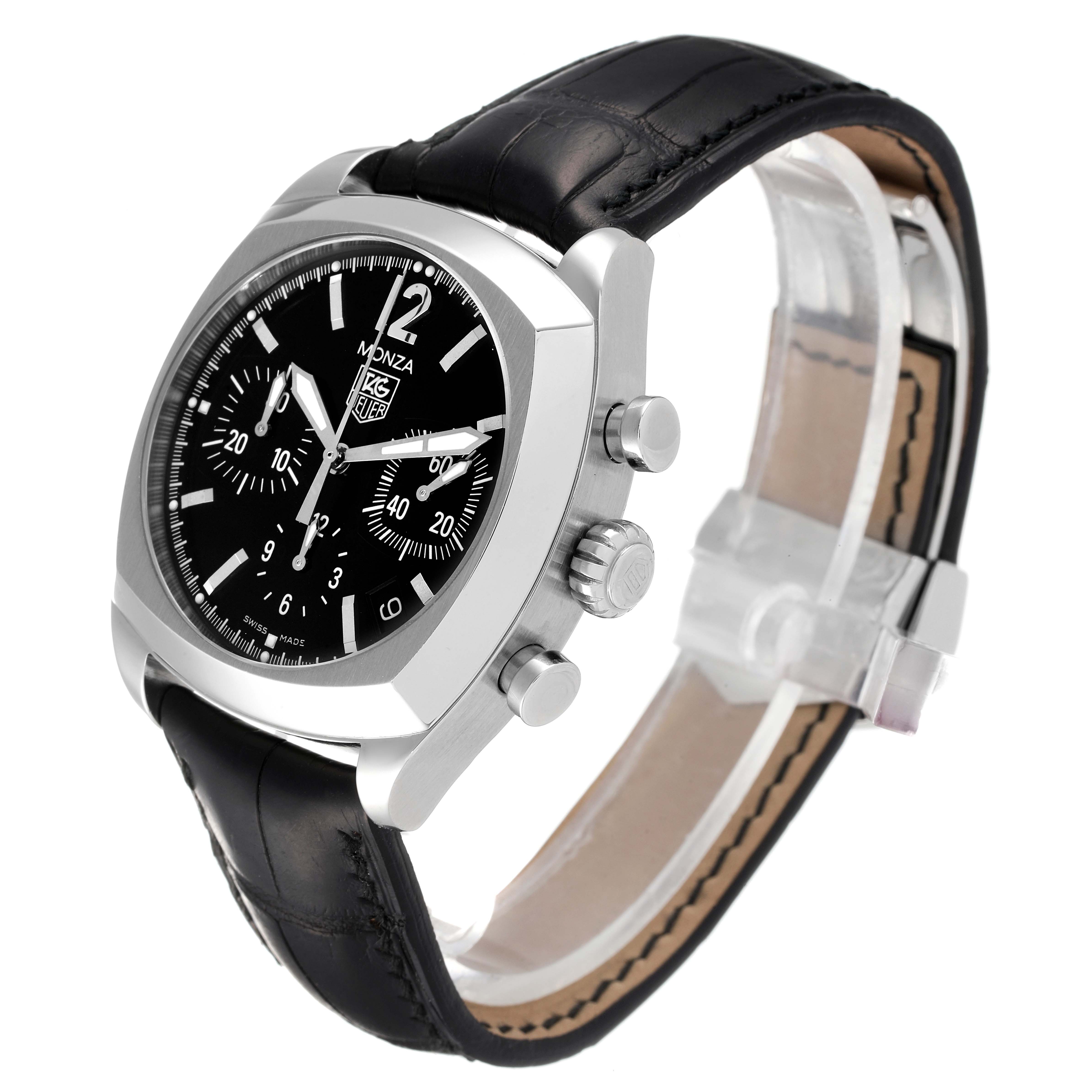 The image displays a side angle of the Tag Heuer Monza CR2113.FC6164 Men's Stainless Steel Black Dial CR2113.FC6164 Men's Stainless Steel Black Dial watch, showcasing its black dial, chronograph buttons, and leather strap.