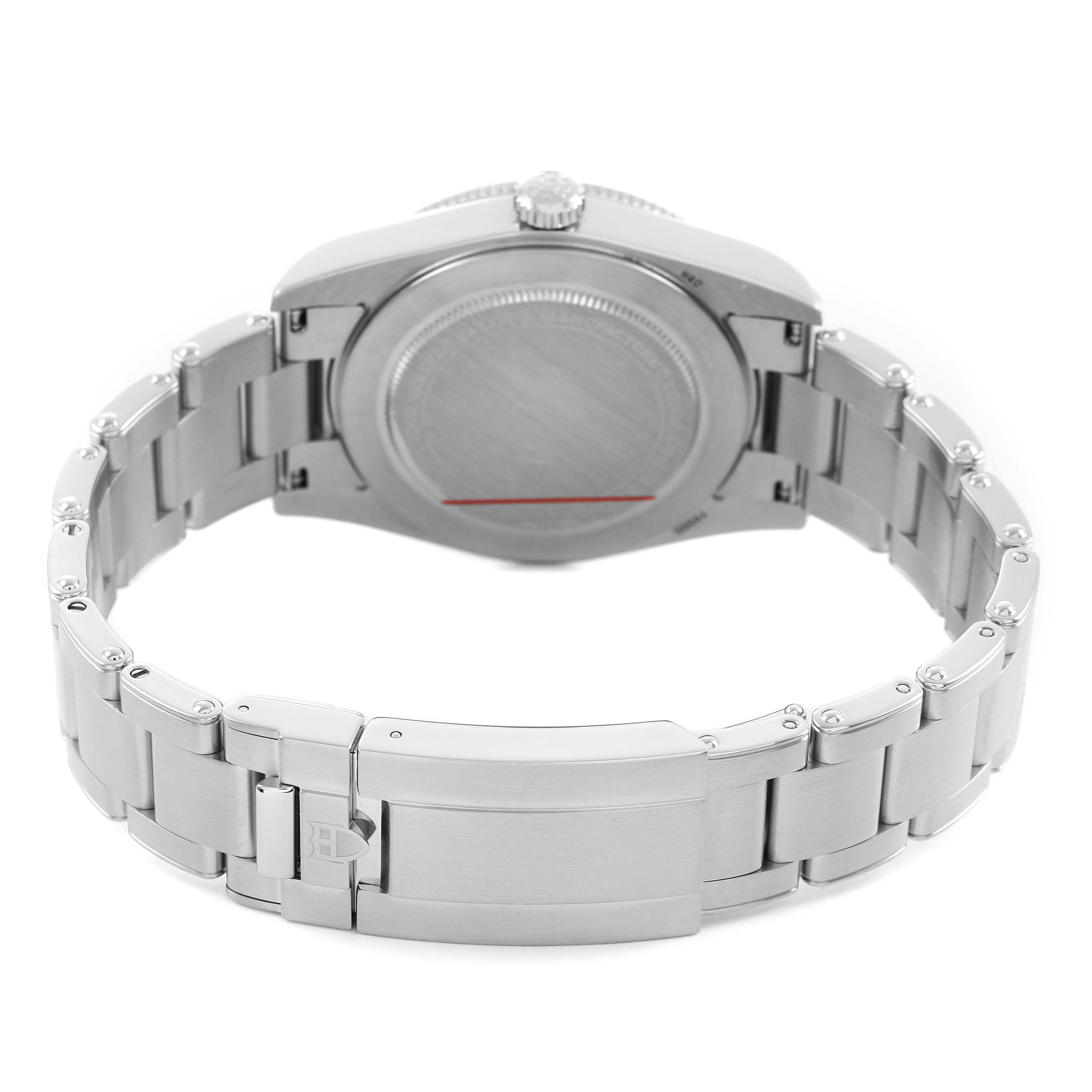 The image shows the back view of the Tudor Heritage Black Bay M79000N Men's Stainless Steel Black Dial watch, highlighting the bracelet and clasp.