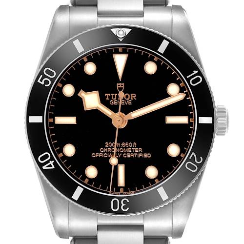 The Tudor Heritage Black Bay M79000N Men's Stainless Steel Black Dial watch is shown from a front angle, displaying the dial, bezel, and part of the bracelet.