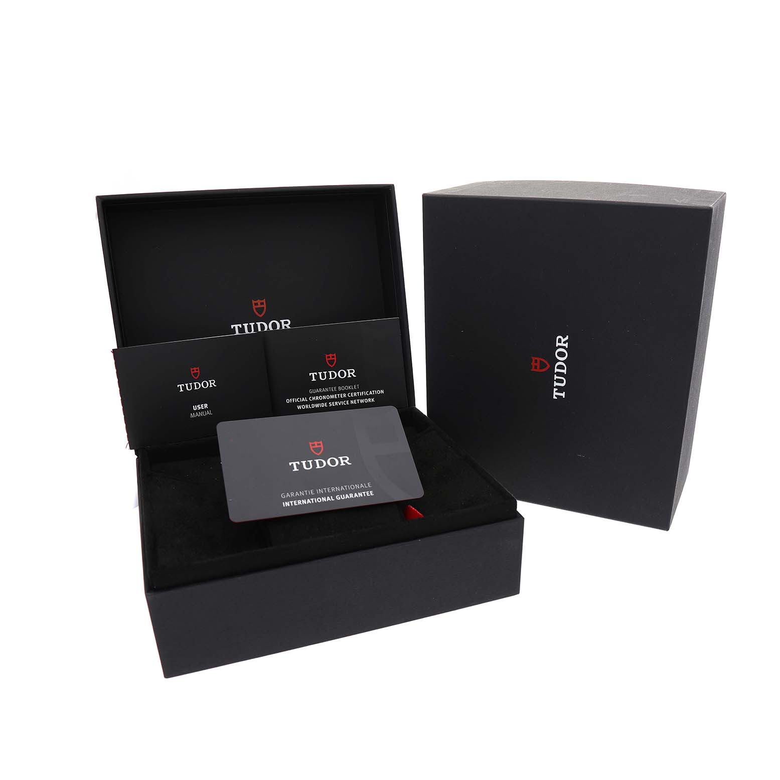 The image shows Tudor Heritage Black Bay M79000N Men's Stainless Steel Black Dial watch accessories, including manuals and a guarantee card in an open box.