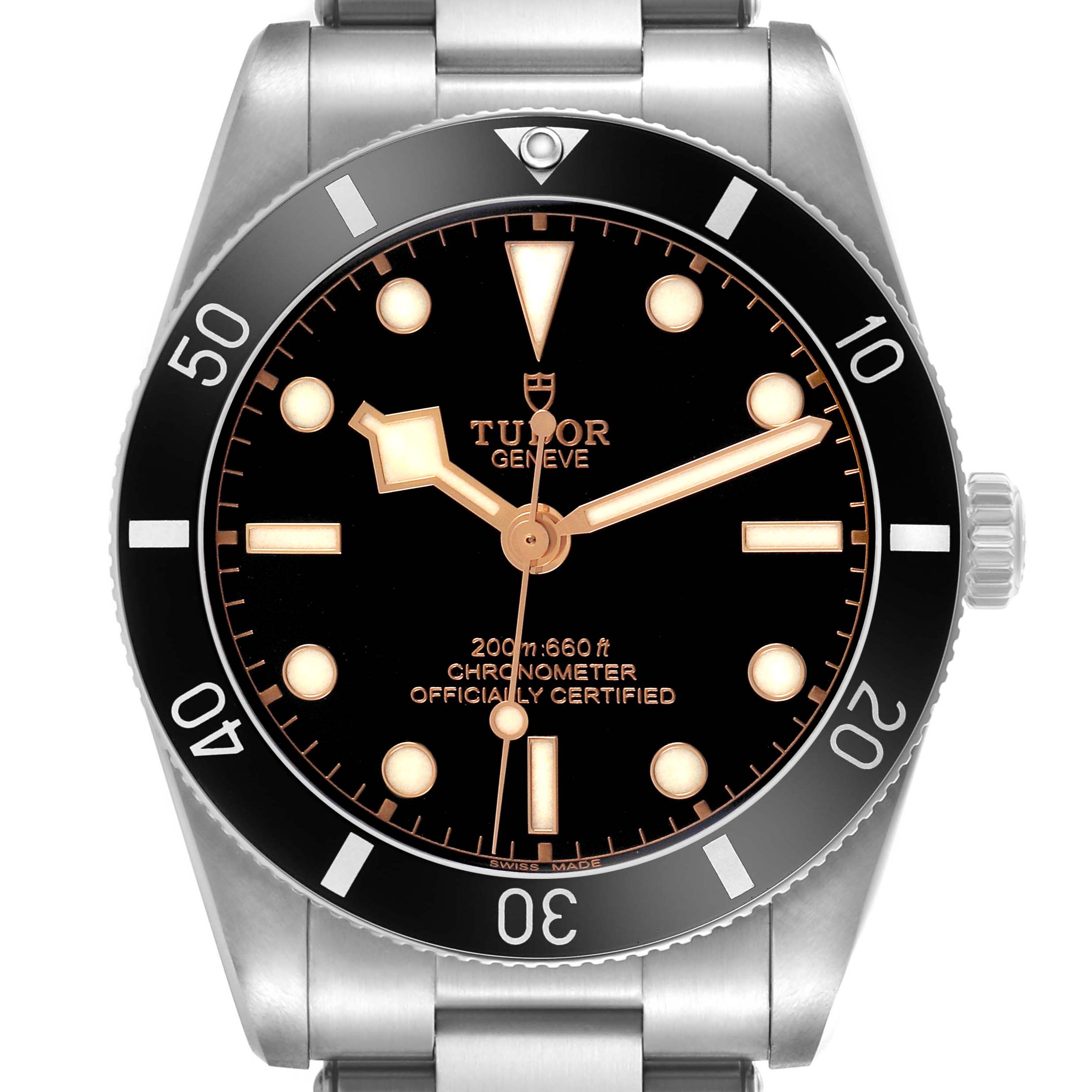 The Tudor Heritage Black Bay M79000N Men's Stainless Steel Black Dial watch is shown from the front, displaying the dial, bezel, and part of the bracelet.
