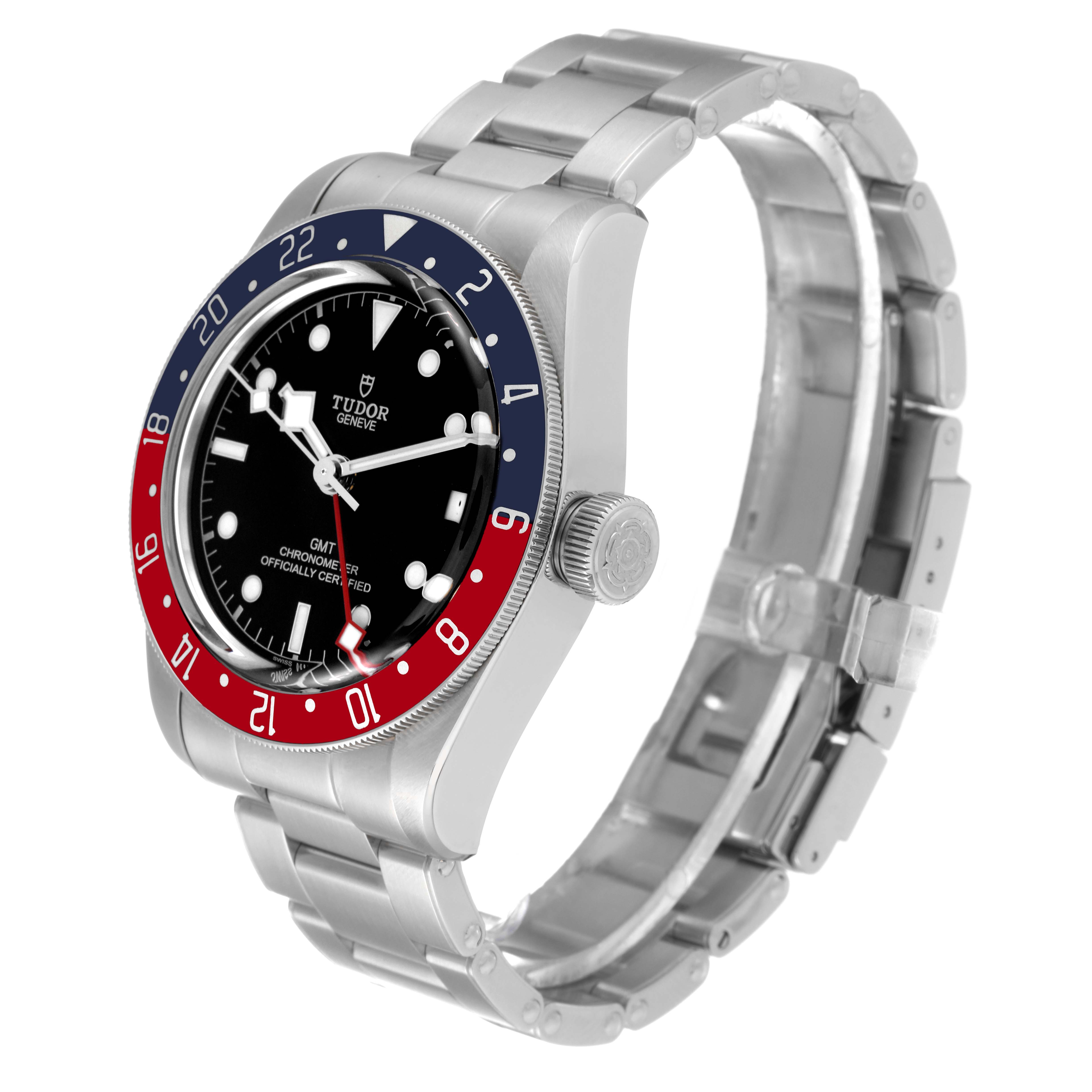 The image shows a Tudor Heritage Black Bay 79830RB Men
s Stainless Steel Black Dial 79830RB Men
s Stainless Steel Black Dial watch at an angled side view, displaying its dial, bezel, case, and bracelet.