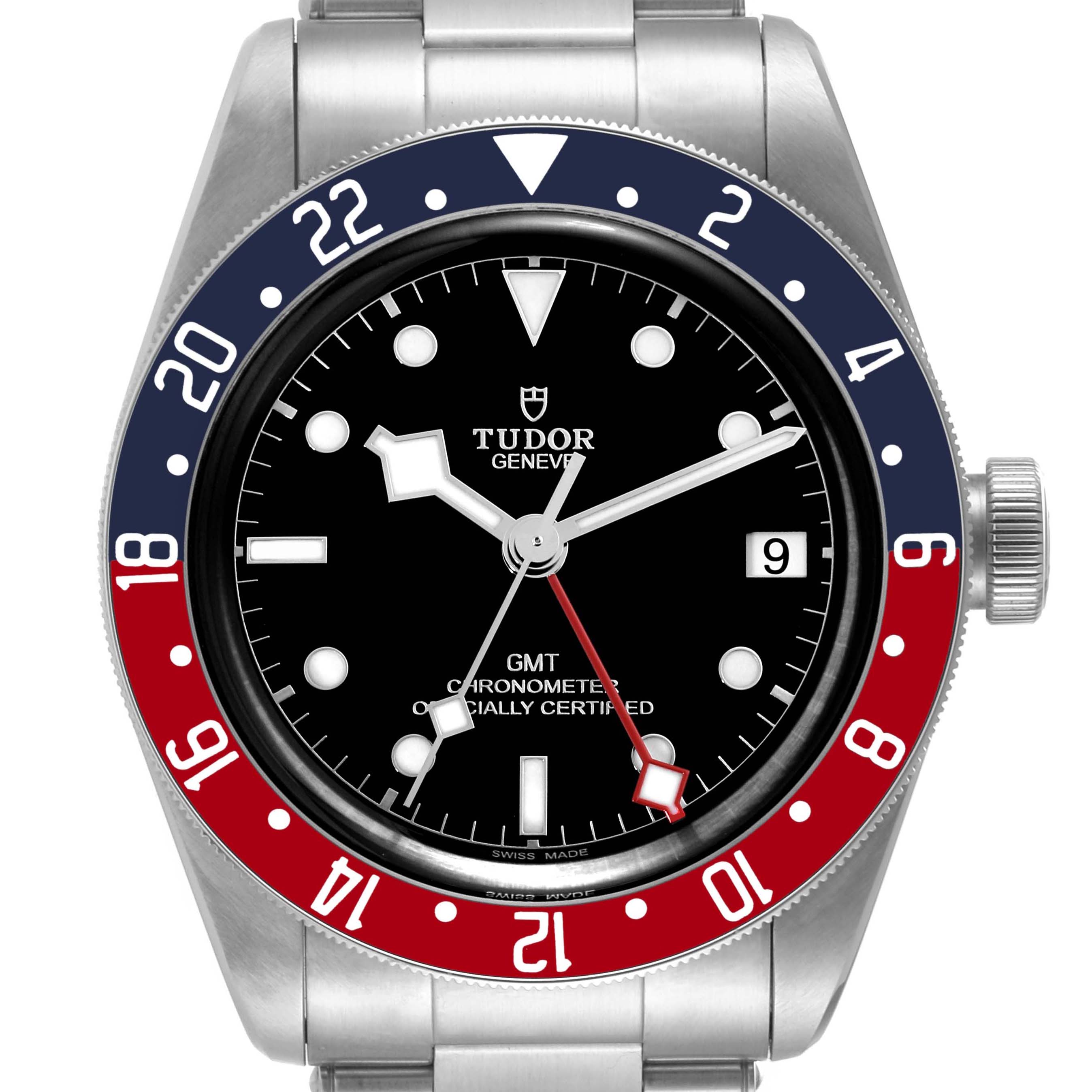 The image shows a front view of the Tudor Heritage Black Bay 79830RB Men
s Stainless Steel Black Dial 79830RB Men
s Stainless Steel Black Dial watch with a black dial and a blue-red bezel.